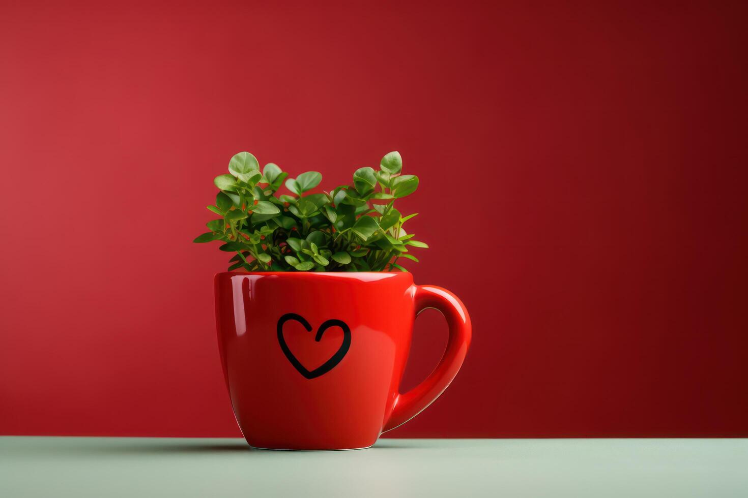 AI generated Red mug with a heart from which green plant grows, valentines day background. Generative AI photo