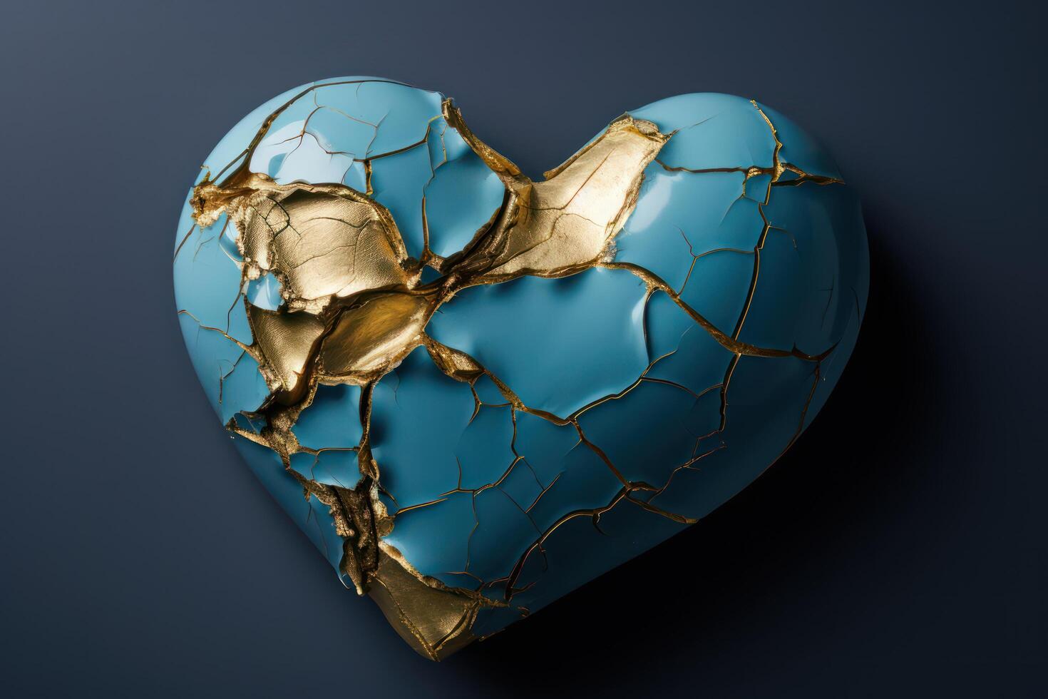 AI generated Blue cracked heart with golden cracks, symbol of love and romance on valentine's day. Generative AI photo