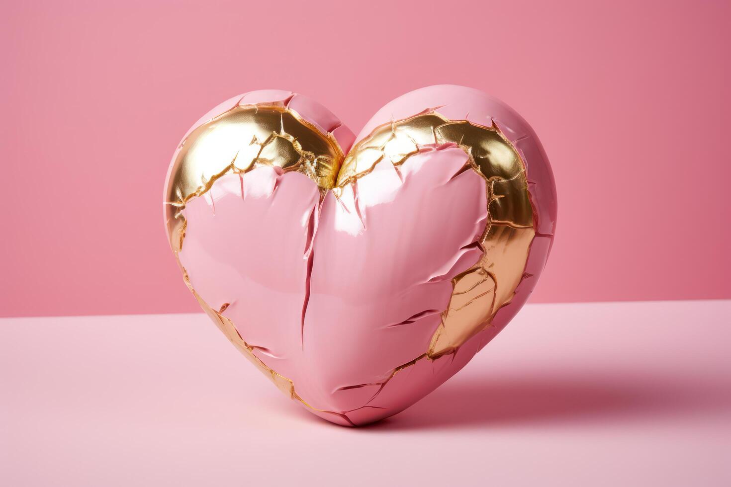 AI generated Pink and gold cracked heart, Valentine's Day background. Generative AI photo