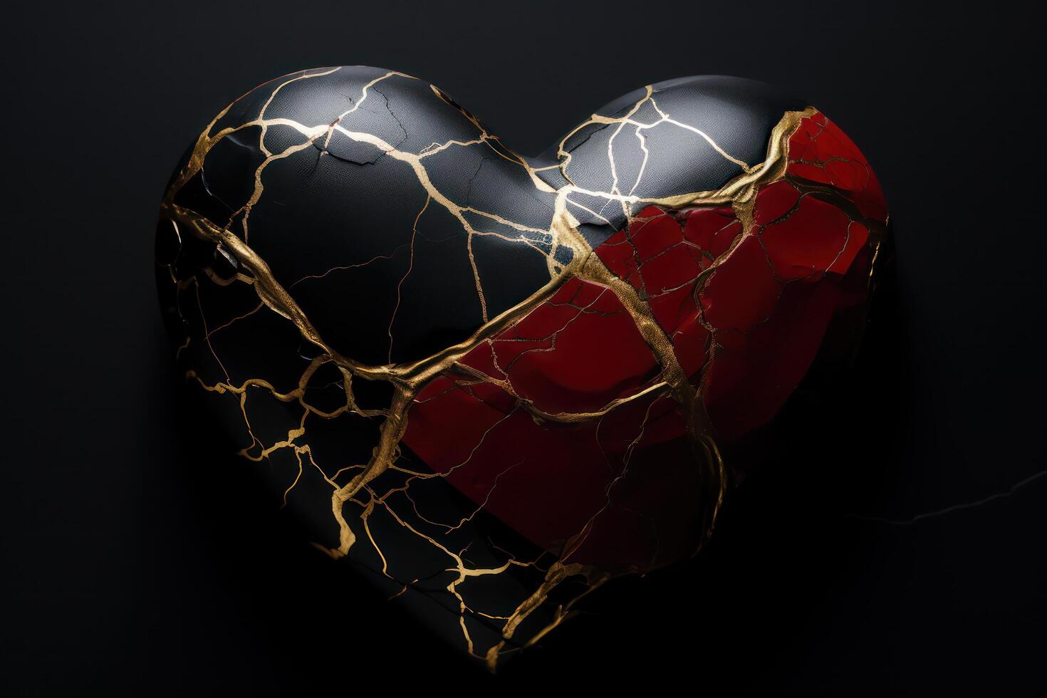 AI generated Black and red marble heart with golden lines. Generative AI photo