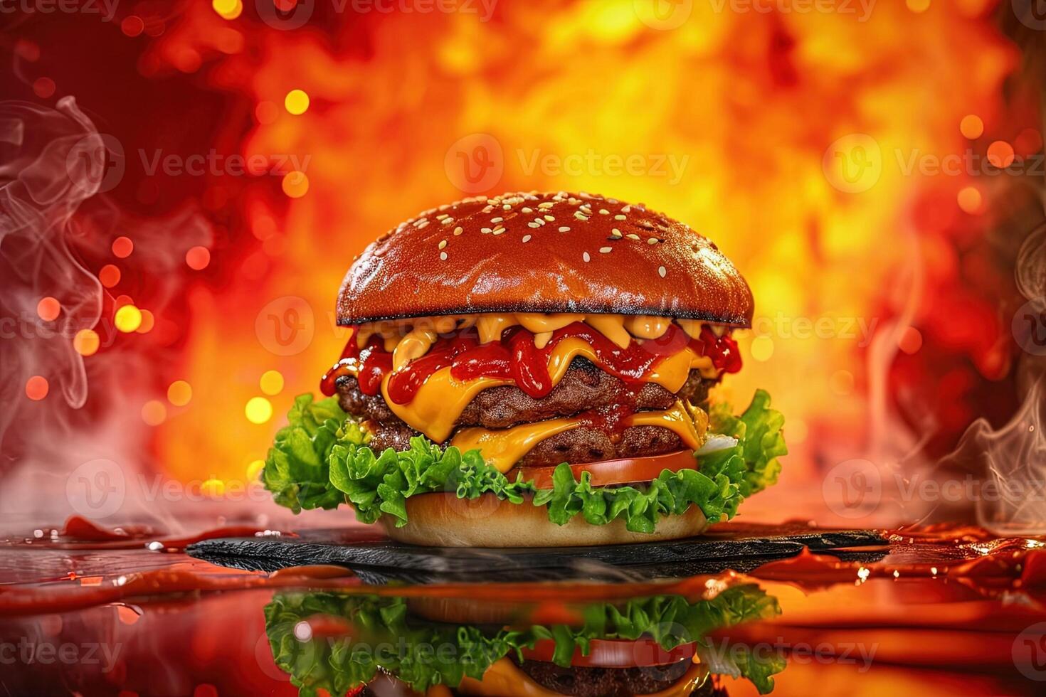 AI generated Devil shape hamburger in a hell in flame background photo