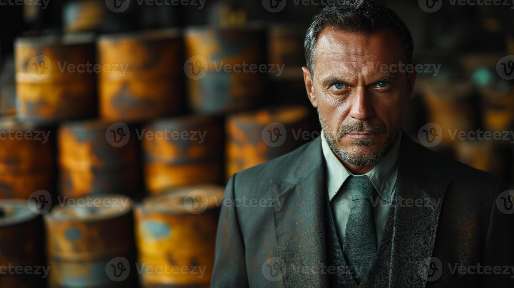 AI generated A businessman in a suit, standing in a industrial setting surrounded of dirty oil barrels. His expression is serious, reflecting the weight of a global energy crisis. photo