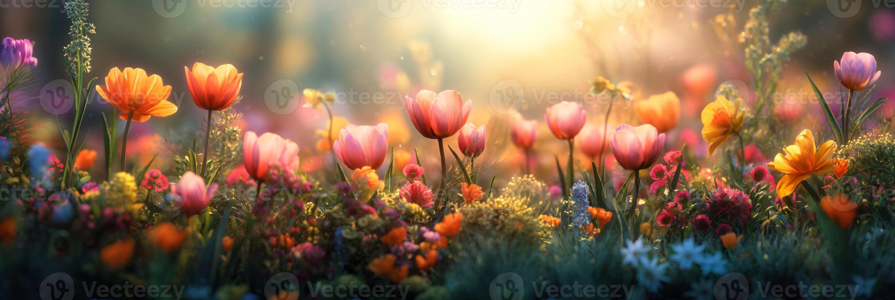 AI generated A springtime banner of field filled with a variety of flowers like tulips, daffodils, and cherry blossoms, in an array of bright pinks, yellows and purples. photo