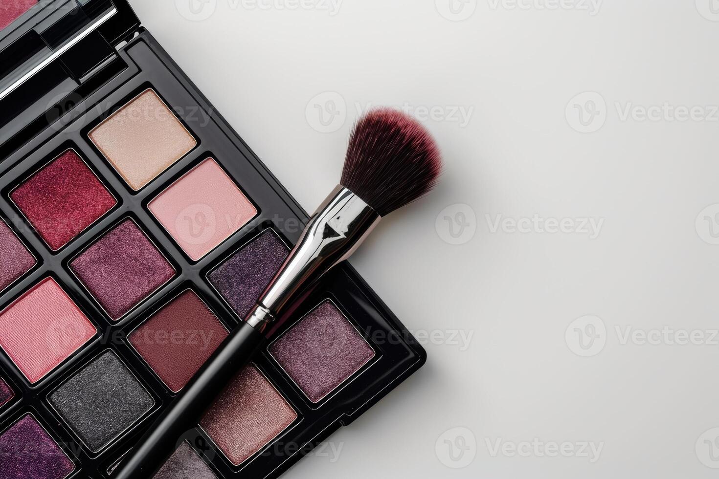 ai generado ojo sombra paletas con un variedad de sombras, acompañado por un profesional maquillaje cepillar, conjunto en contra un limpio, minimalista fondo, destacando el productos' colores y calidad foto