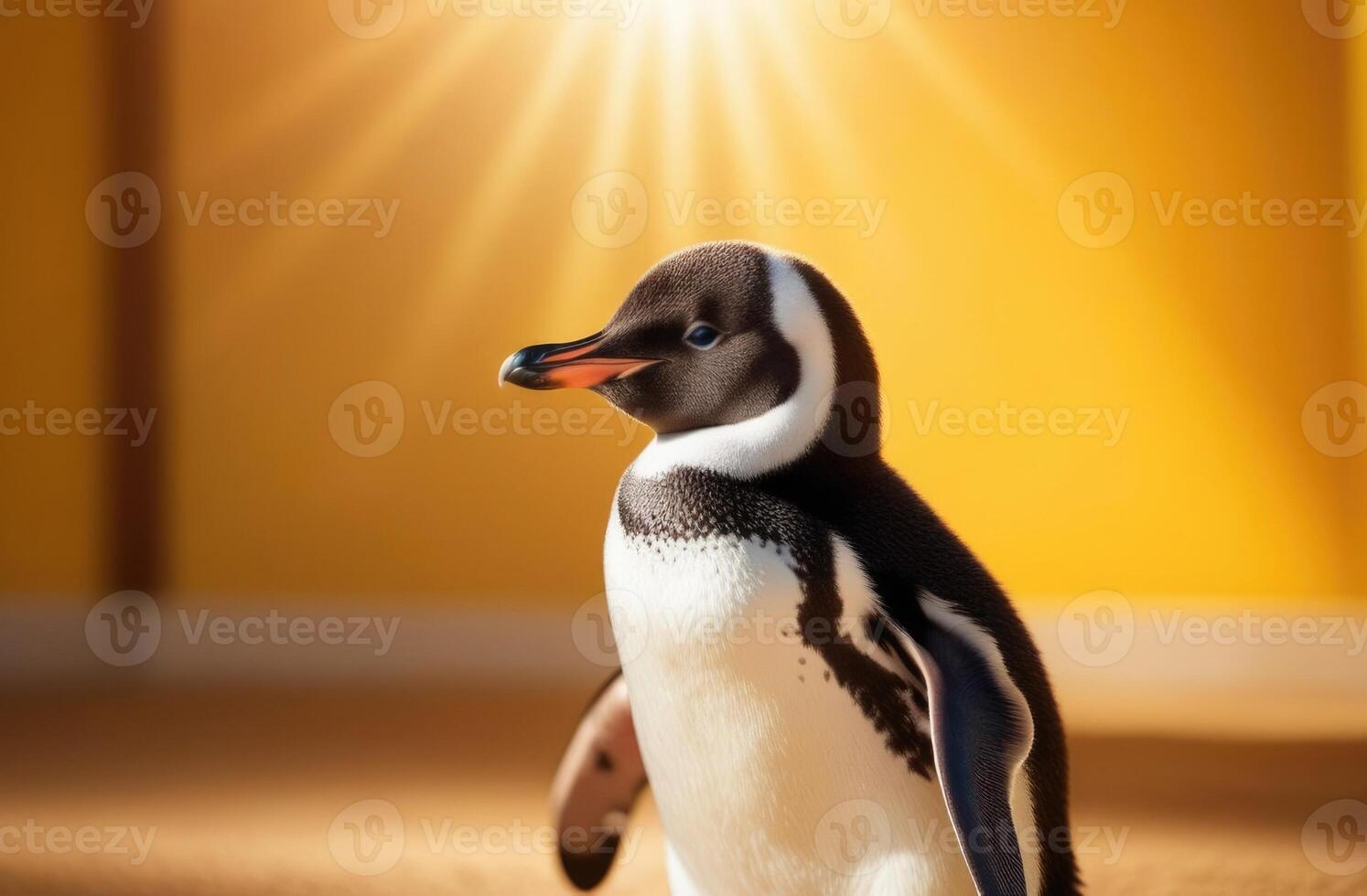 AI generated World Penguin Day, funny little penguin, yellow background, sun rays photo