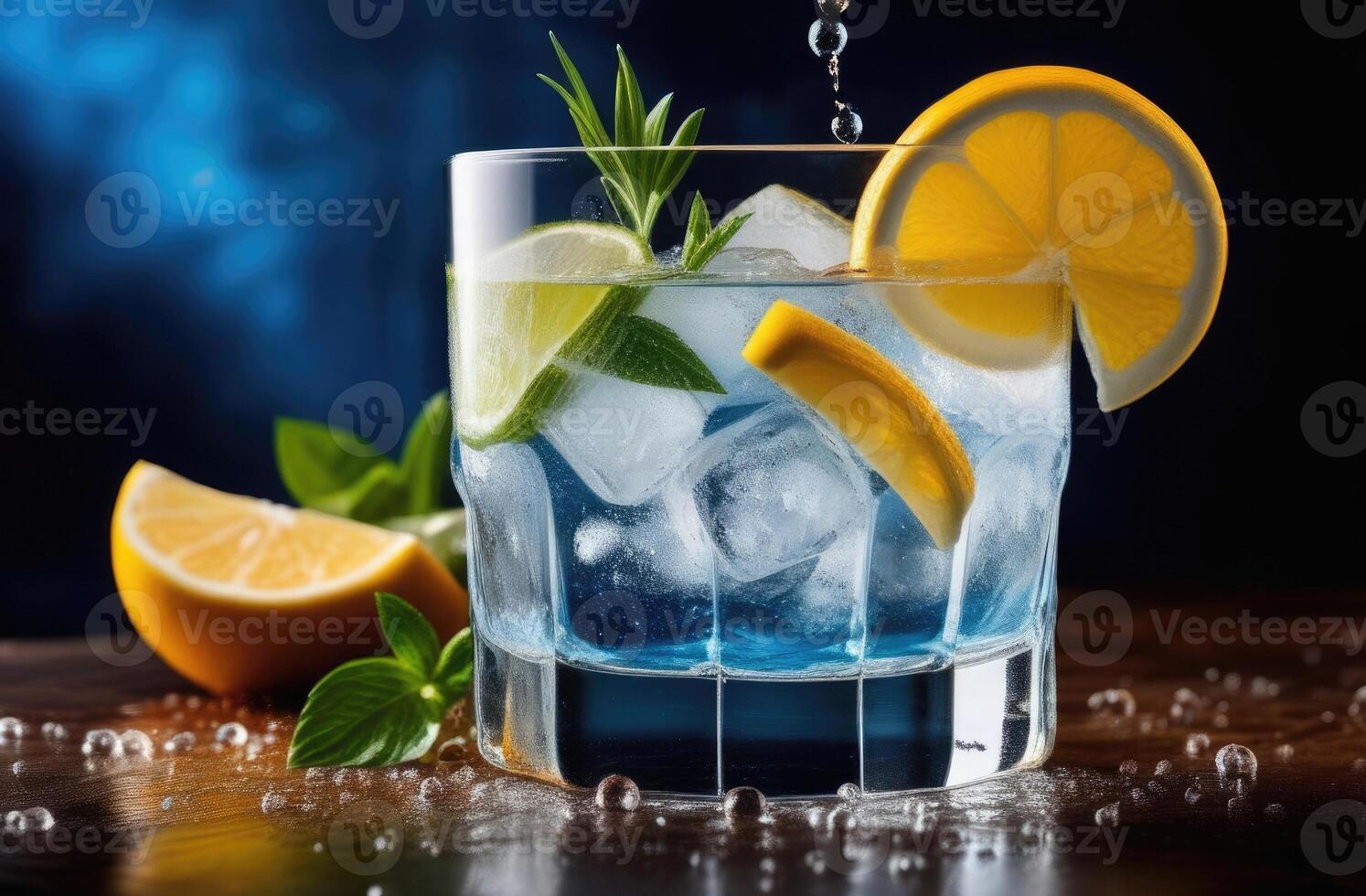 AI generated summer cocktail with lime, alcoholic cocktail gin and tonic, soft drink with ice, International Bartenders Day, dark background photo