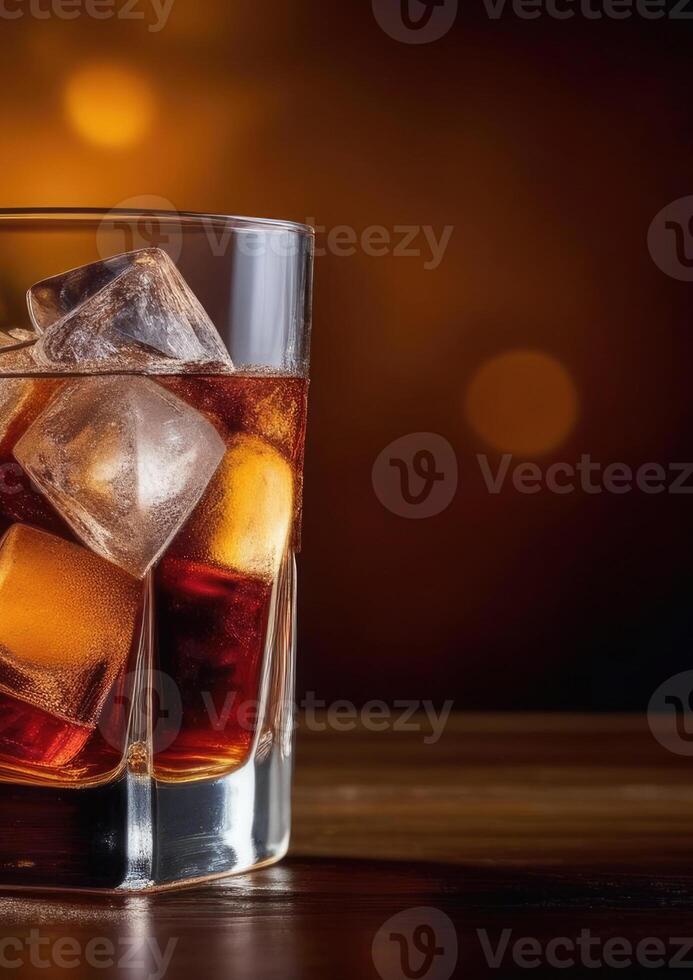 AI generated alcoholic cocktail whiskey cola, summer cocktail, soft drink with ice, International bartenders Day, water drops, wooden table, bokeh background, vertical banner photo