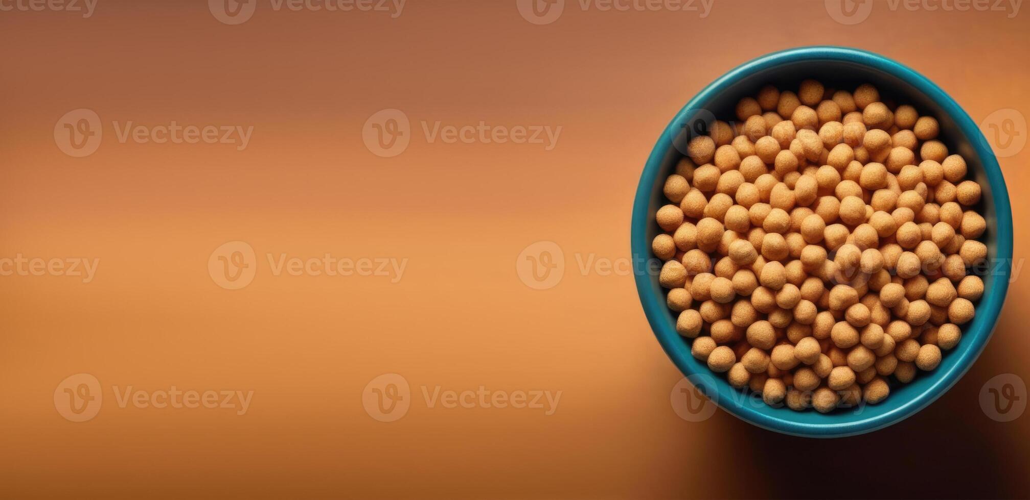 AI generated National Pet Day, world Cat Day, a full bowl of cat food, dry pet food, top view, horizontal banner, place for text photo