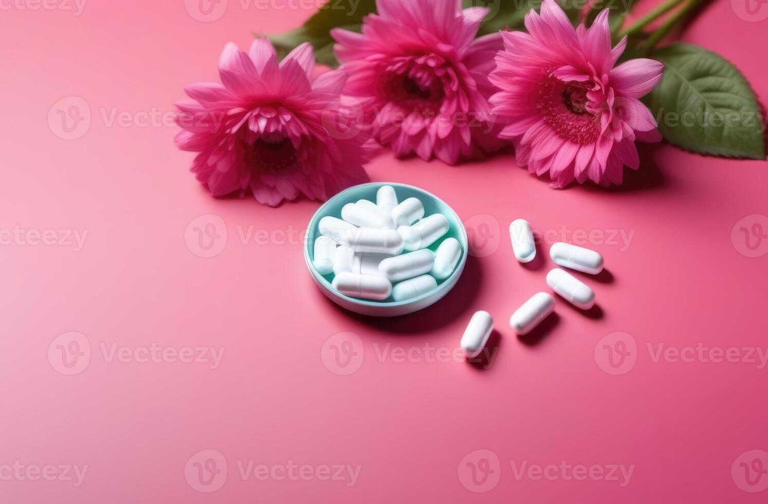 AI generated International Women's Day for Medical Professionals, World Nurses Day, National Doctor's Day, Health day, white tablets and capsules, pink chrysanthemums, pink background photo