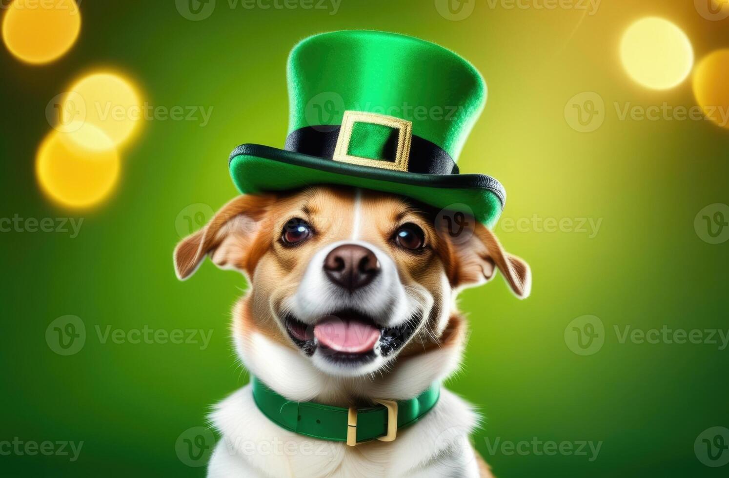 AI generated St. Patrick's Day, funny smiling dog, green holiday hat, dog in a green leprechaun hat, puppy in a green collar, green background, golden bokeh effect photo