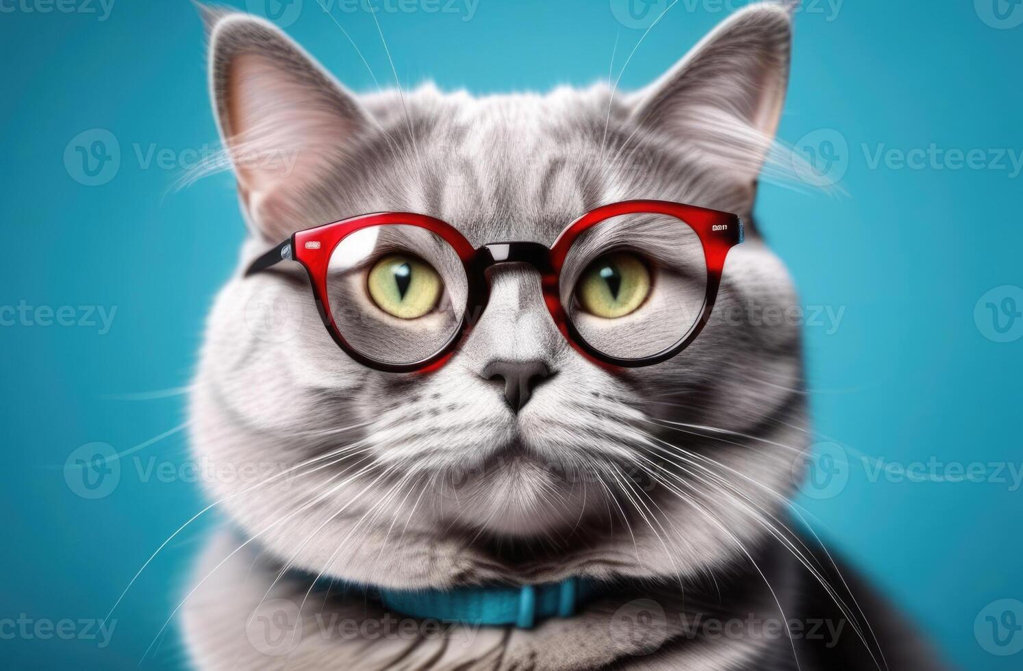 ai generado mundo gato día, grave Doméstico gris gato con anteojos, visión controlar, oftalmología salón, veterinario clínica, azul antecedentes foto