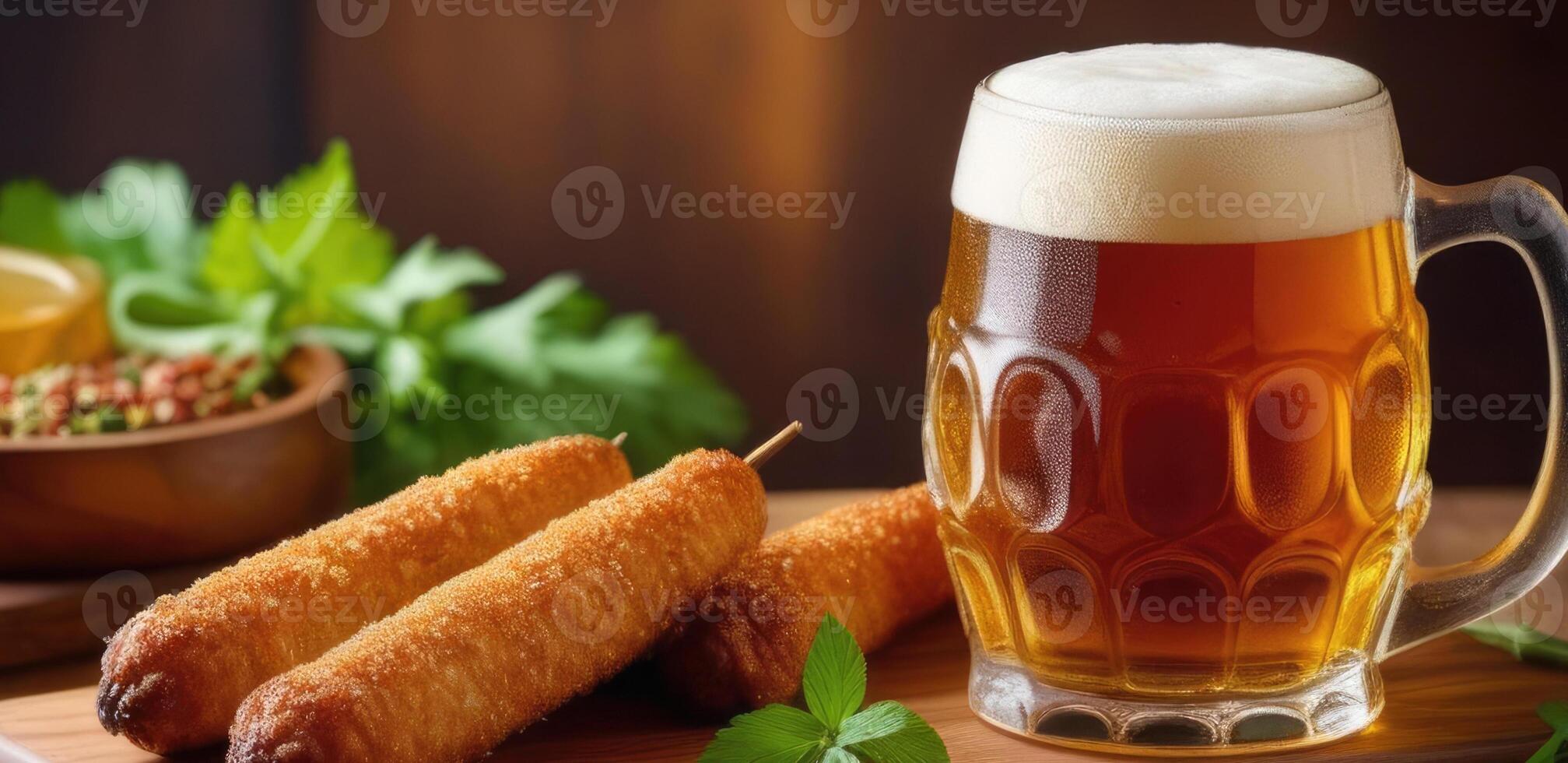 AI generated world bartender's Day, National beer day, glass of beer, foamy drink on the bar, snacks and croutons, cheese sticks, dark bar atmosphere on the background photo