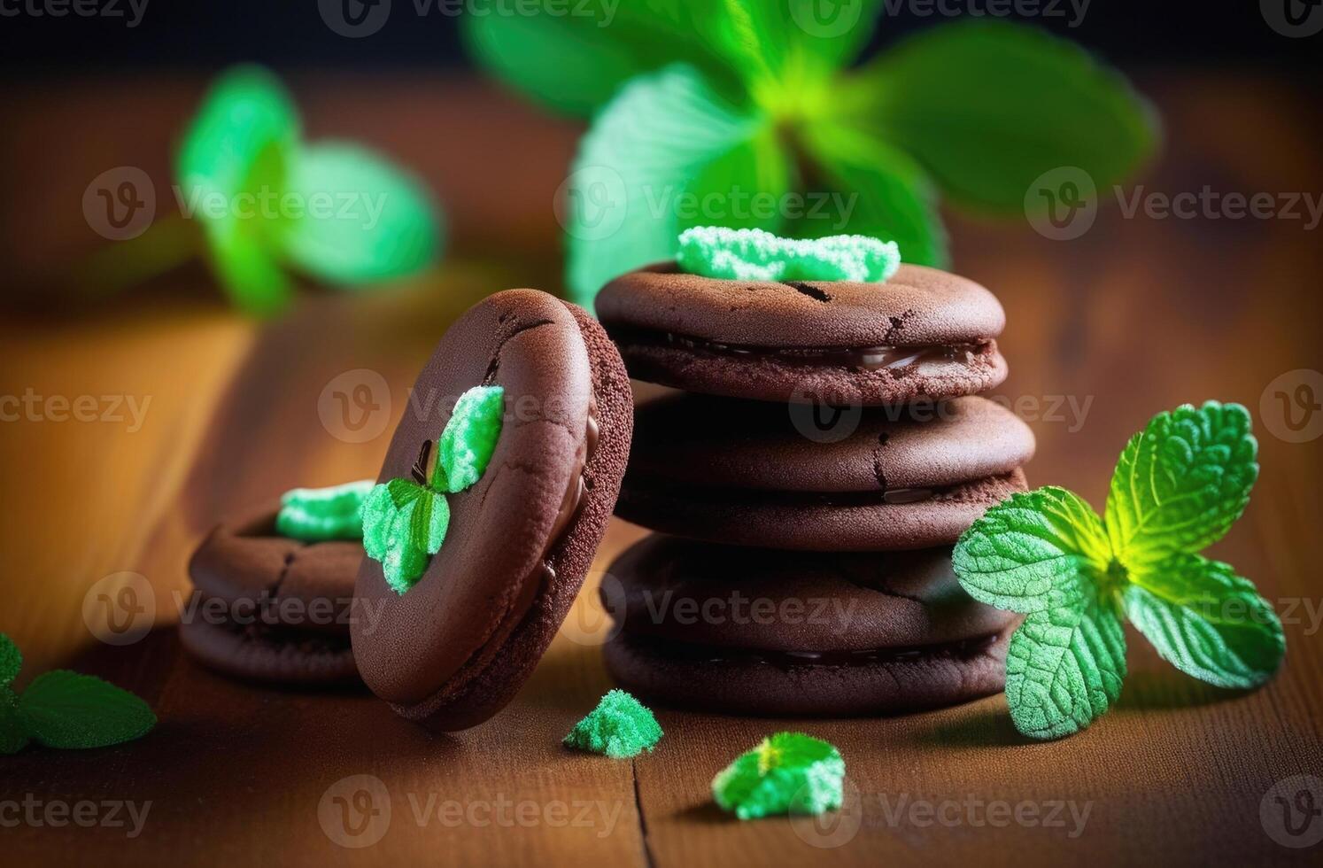 AI generated St. Patrick's Day, traditional Irish pastries, national Irish cuisine, stack of cookies, mint cookies with chocolate filling, chocolate dessert, mint cream, mint leaves, wooden table photo