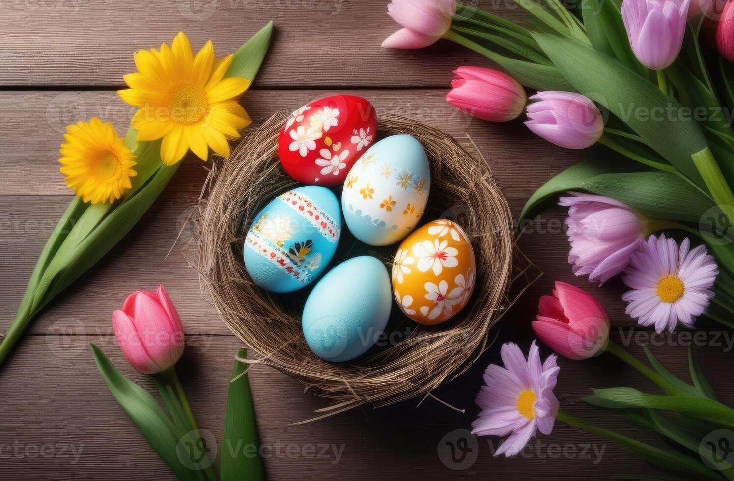 AI generated Easter, colorful painted eggs decorated with ornaments and patterns, eggs in a wicker nest, tulips and chrysanthemums, spring flowers, wooden background, top view photo