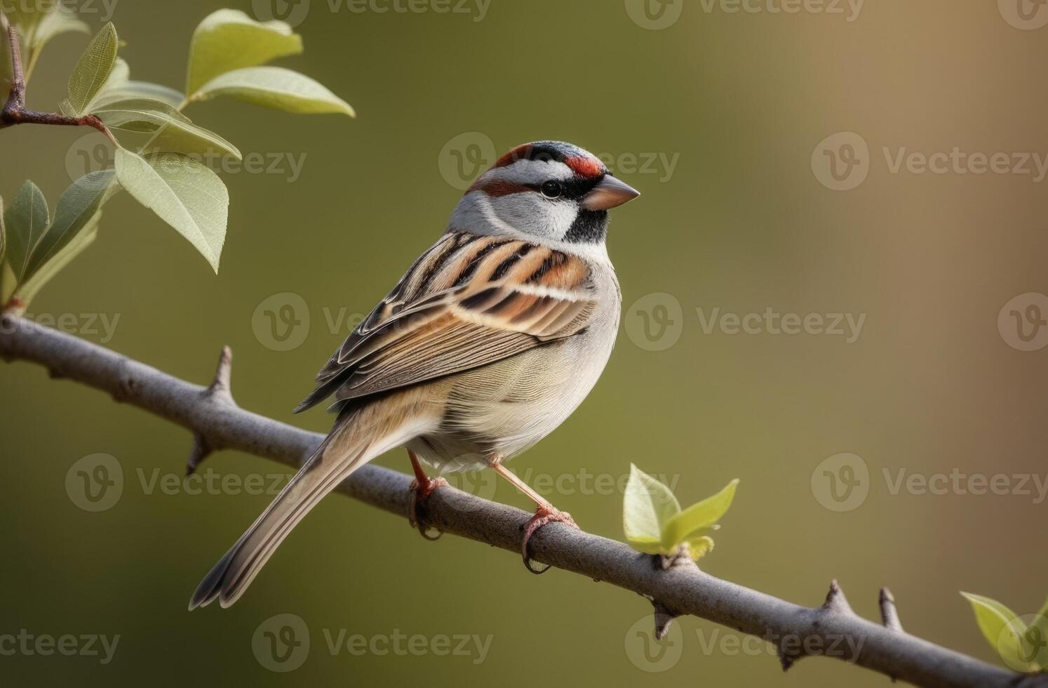 AI generated World Sparrow Day, international Bird Day, little sparrow on a tree branch, sunny day, green background photo