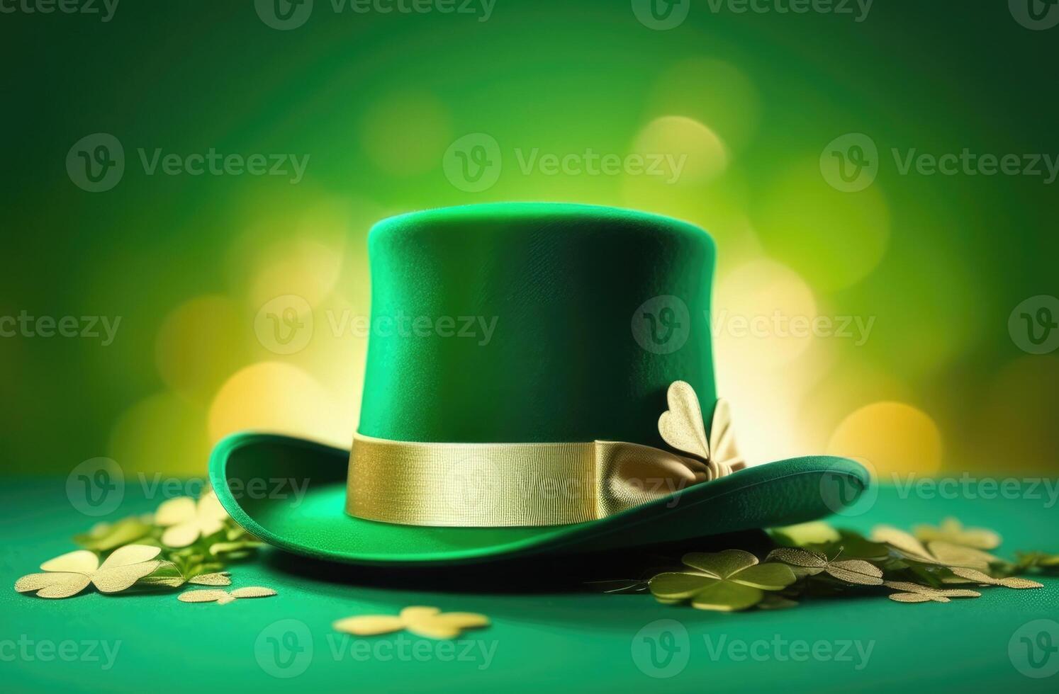 AI generated St. Patrick's Day, green holiday hat, leprechaun hat, clover leaves, Irish shamrock, golden glow, bokeh effect, magic and luck photo