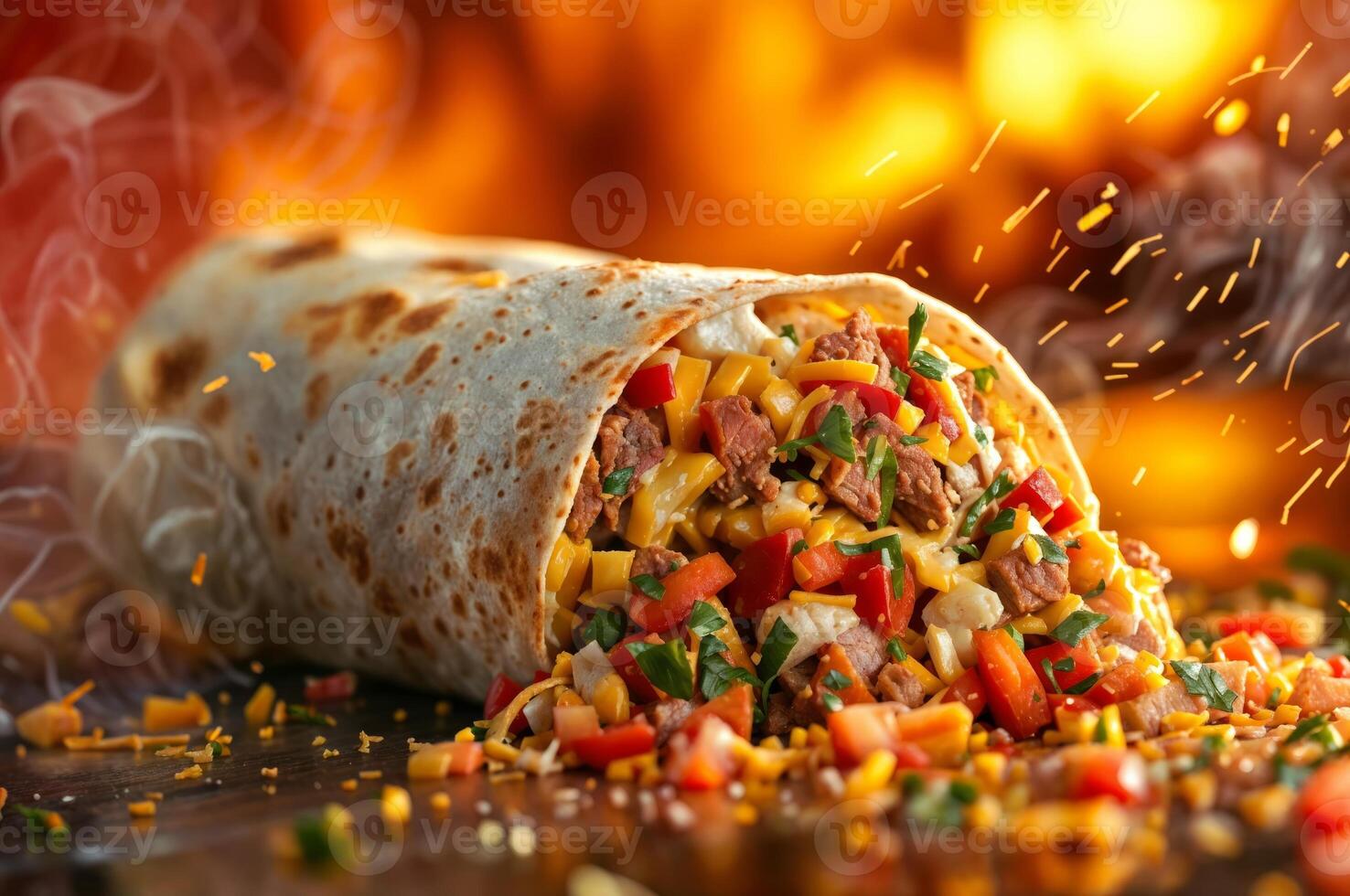 AI generated Advertisement for burritos, featuring a tantalizing burrito bursting with fresh ingredients, set against a vibrant and lively background, spotlight flavor and freshness photo