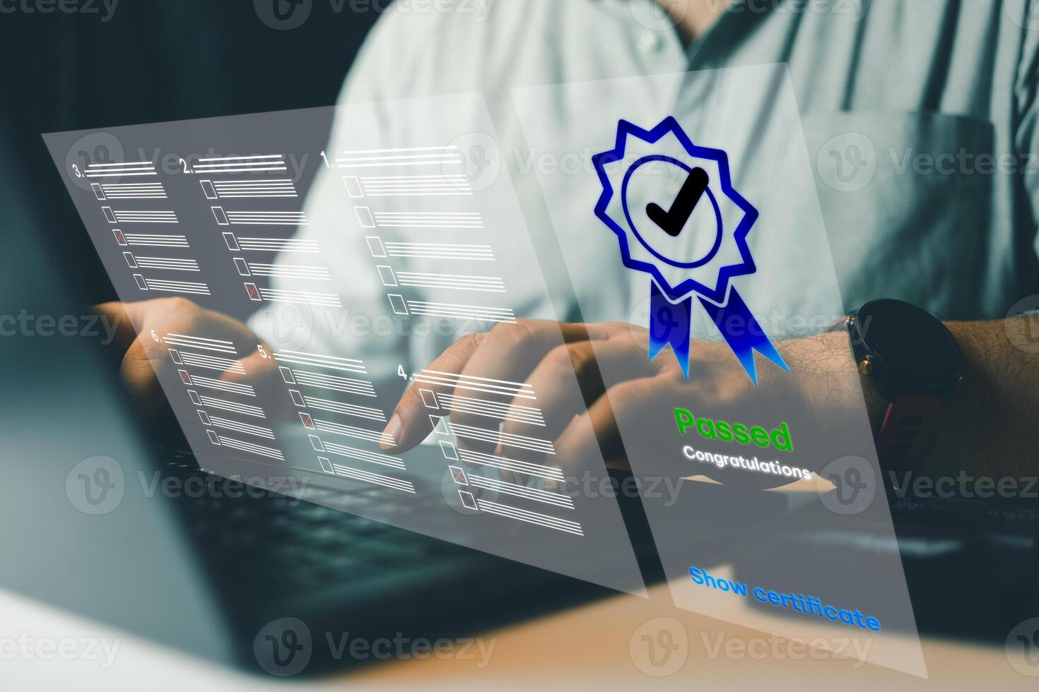 Man check online document test collect scores from tests, education, checklist and online exam photo