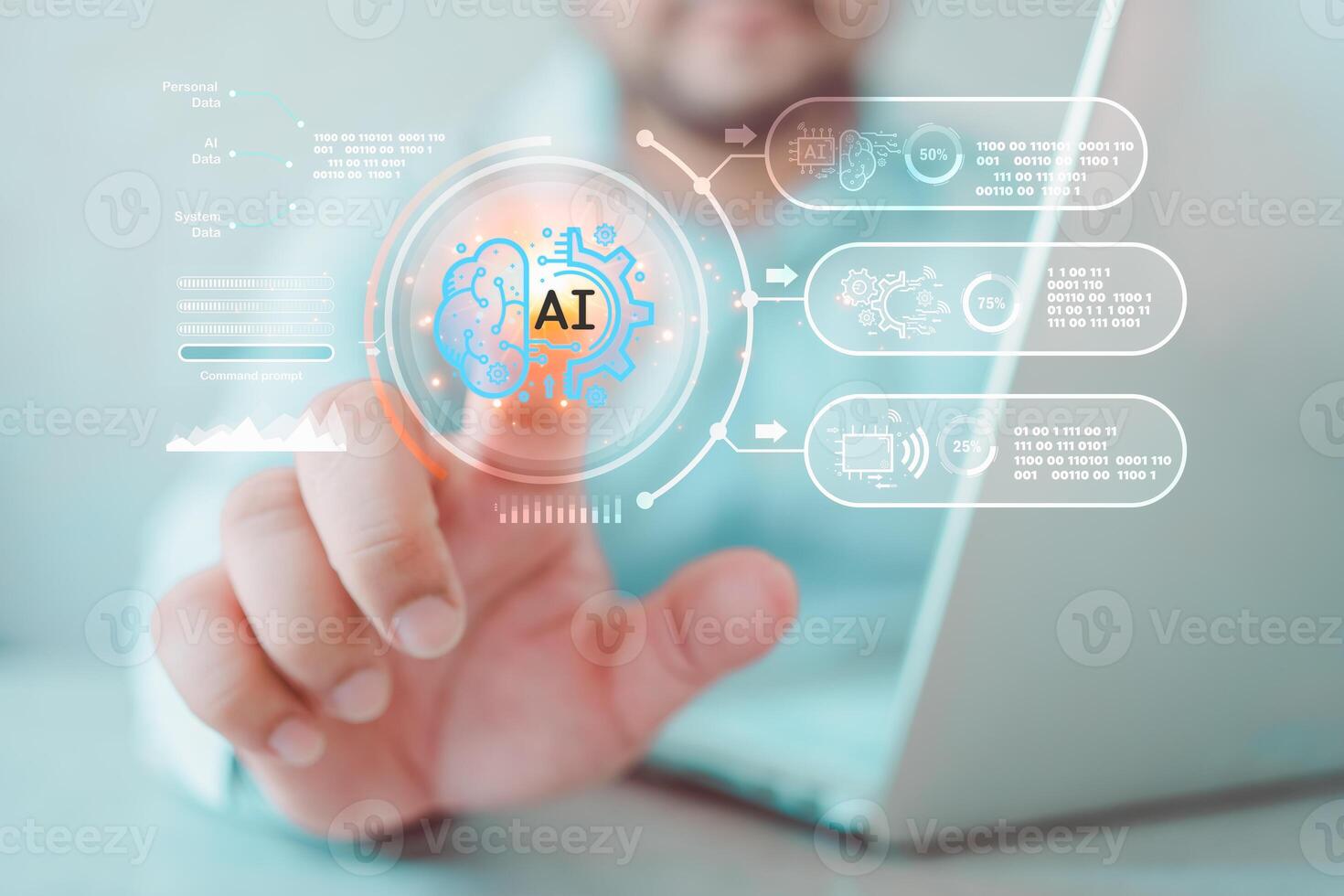 Man touch a holographic interface Ai chat bot and industrial control with robot hands and human. photo