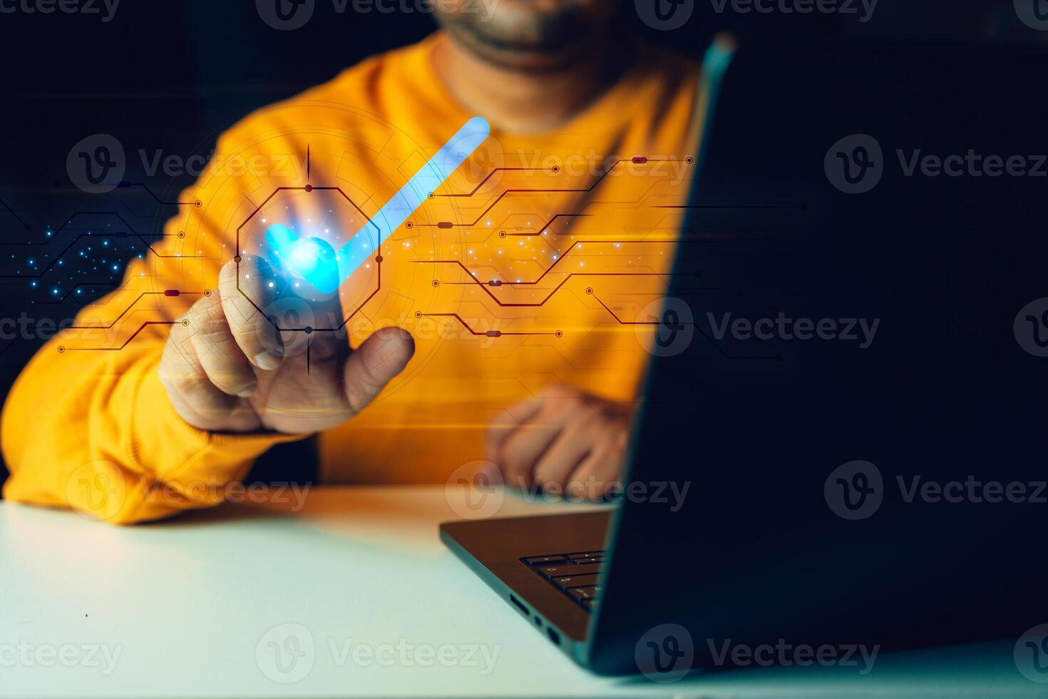 Man touching check icon on virtual screen to confirm. Business process automation, certification, service guarantee, photo