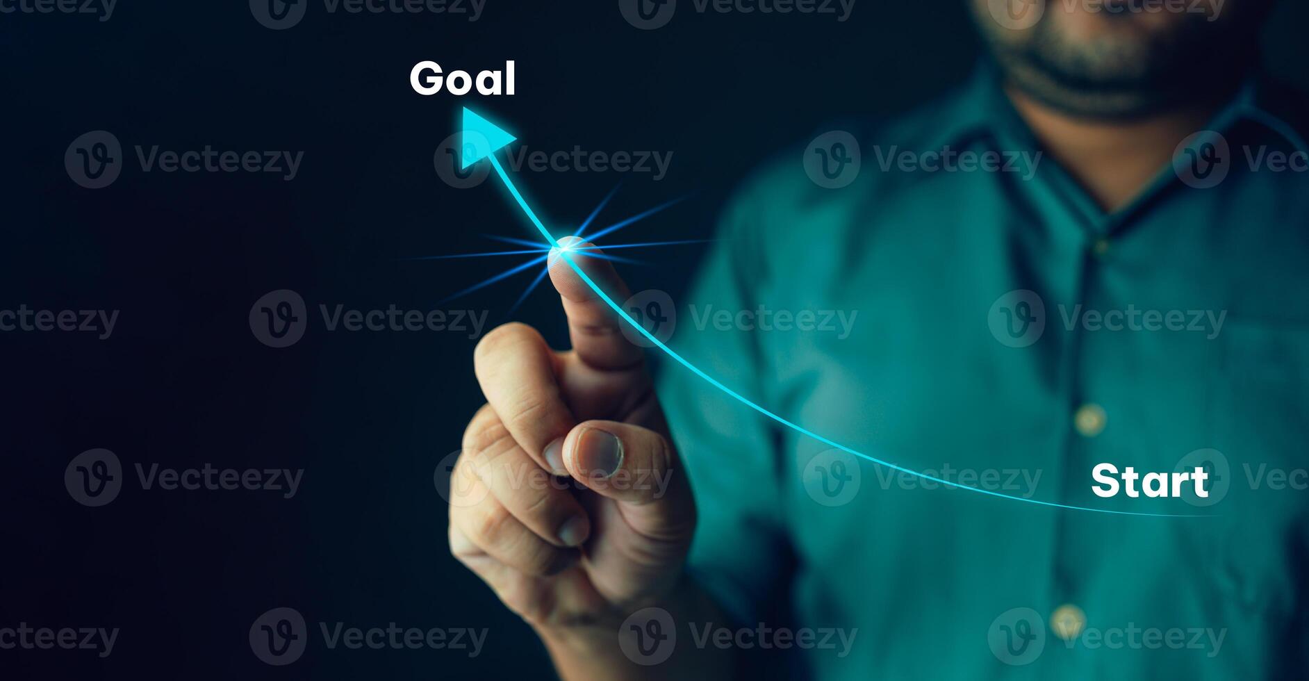 Hand point finger press start button goal. Beginning goal new target. Point to success business. photo