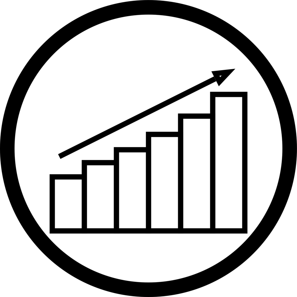 Drawing of circles and bar chart symbols and arrows pointing upwards inside. png