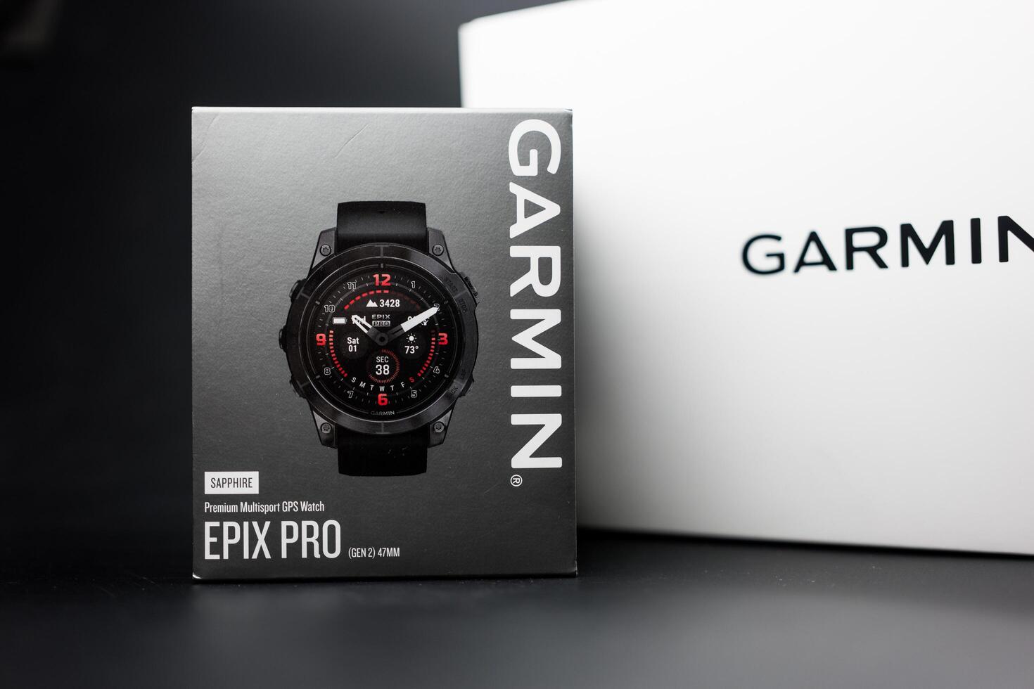 Bangkok, Thailand - February 5, 2024 A box of Garmin smart watch Epix Pro Gen 2, a step counter and amount of calories burned. photo