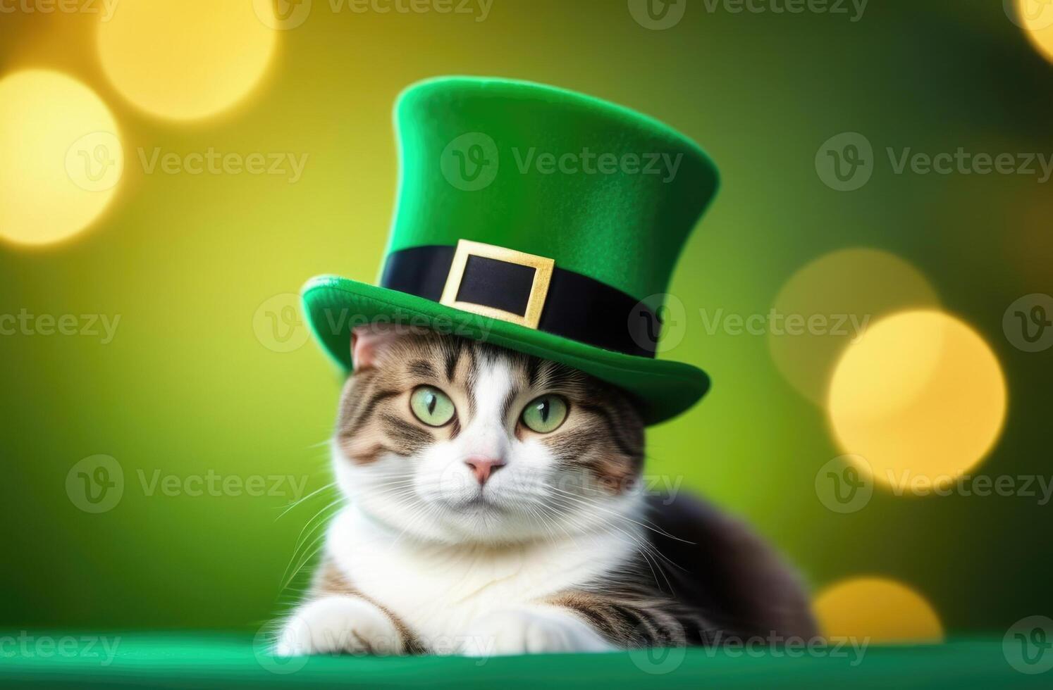 AI generated St. Patrick's Day, pet striped gray cat, green holiday hat, cat in a green leprechaun hat, green background, golden bokeh effect photo