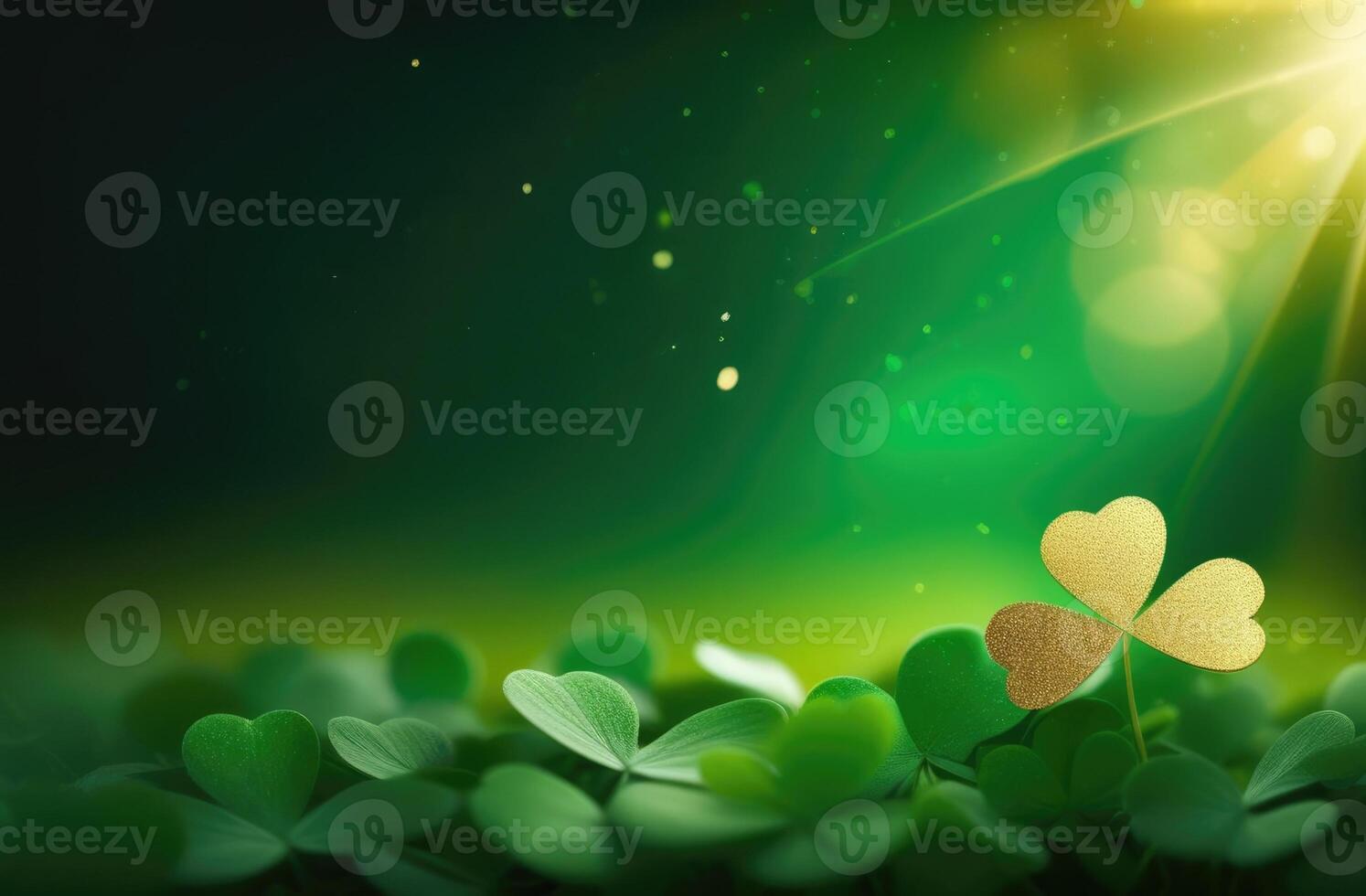 AI generated St. Patrick's Day, abstract green background, background with clover leaves, golden glow, place for text, bokeh effect, golden flashes, Irish shamrock, magic and luck photo