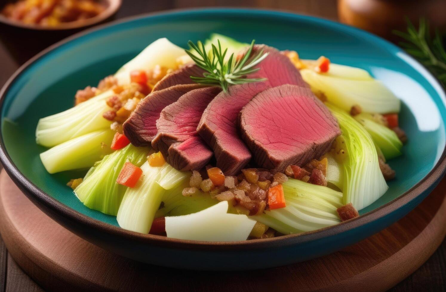 AI generated St. Patrick's Day, traditional Irish dish, national Irish cuisine, Hash of salted beef and cabbage, garnished with herbs, pieces of meat, vegetable side dish photo