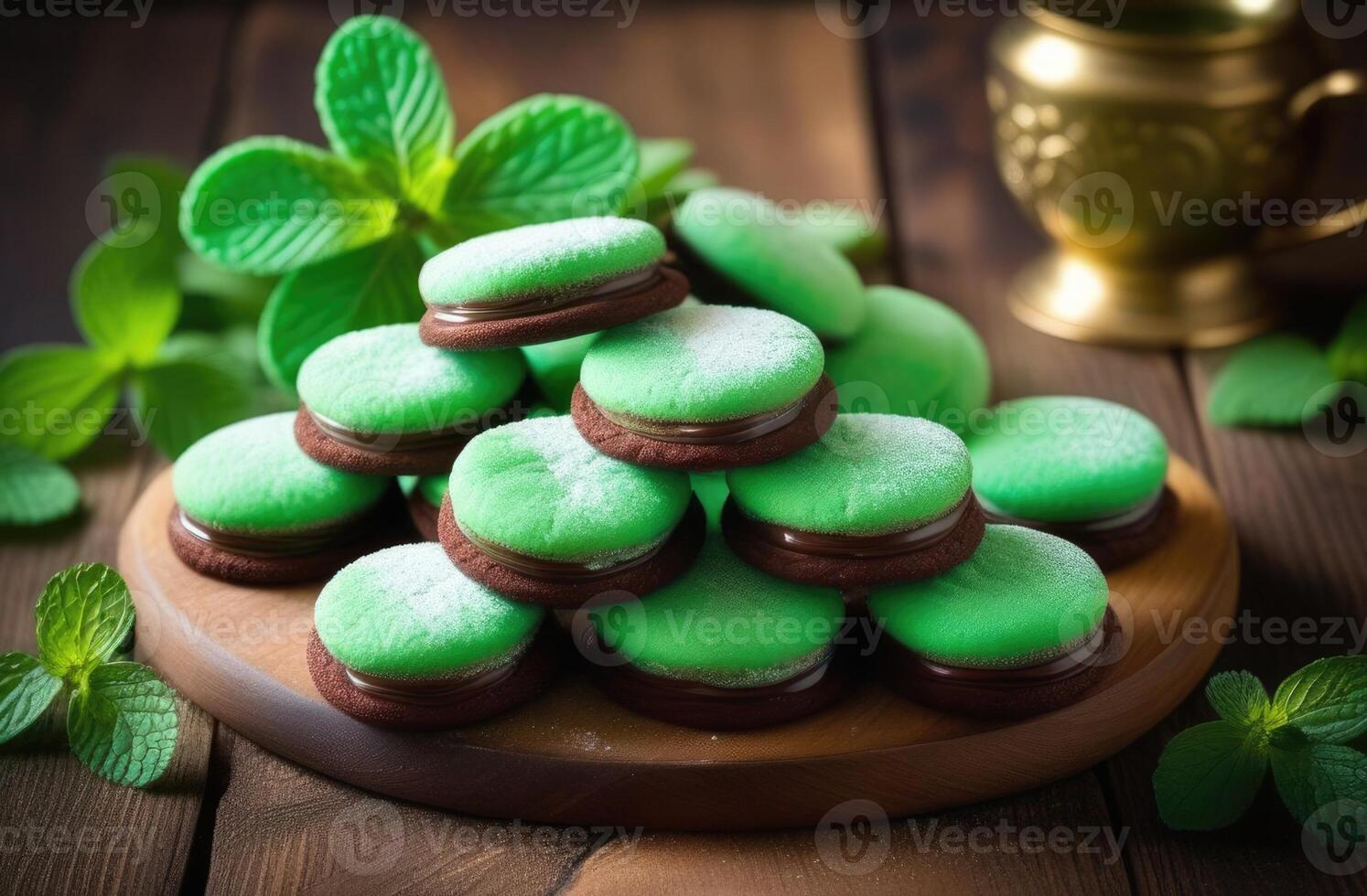 AI generated St. Patrick's Day, traditional Irish pastries, national Irish cuisine, mint cookies with chocolate filling, chocolate dessert, mint leaves, mint cream, wooden table photo