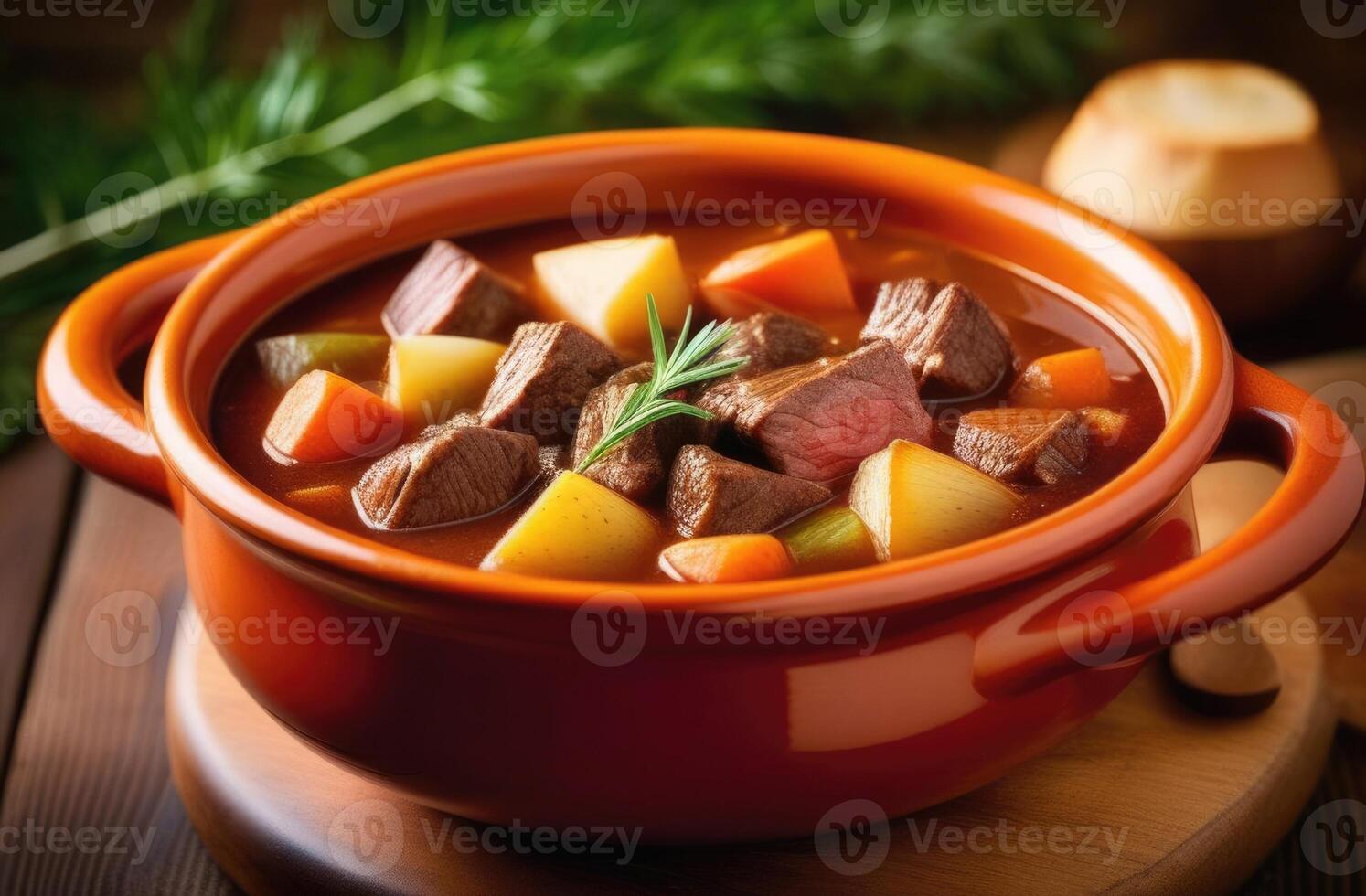 AI generated St. Patrick's Day, national Irish cuisine, traditional Irish pastries, beef stew, roast meat with potatoes, carrots, vegetables and herbs, ceramic dishes photo