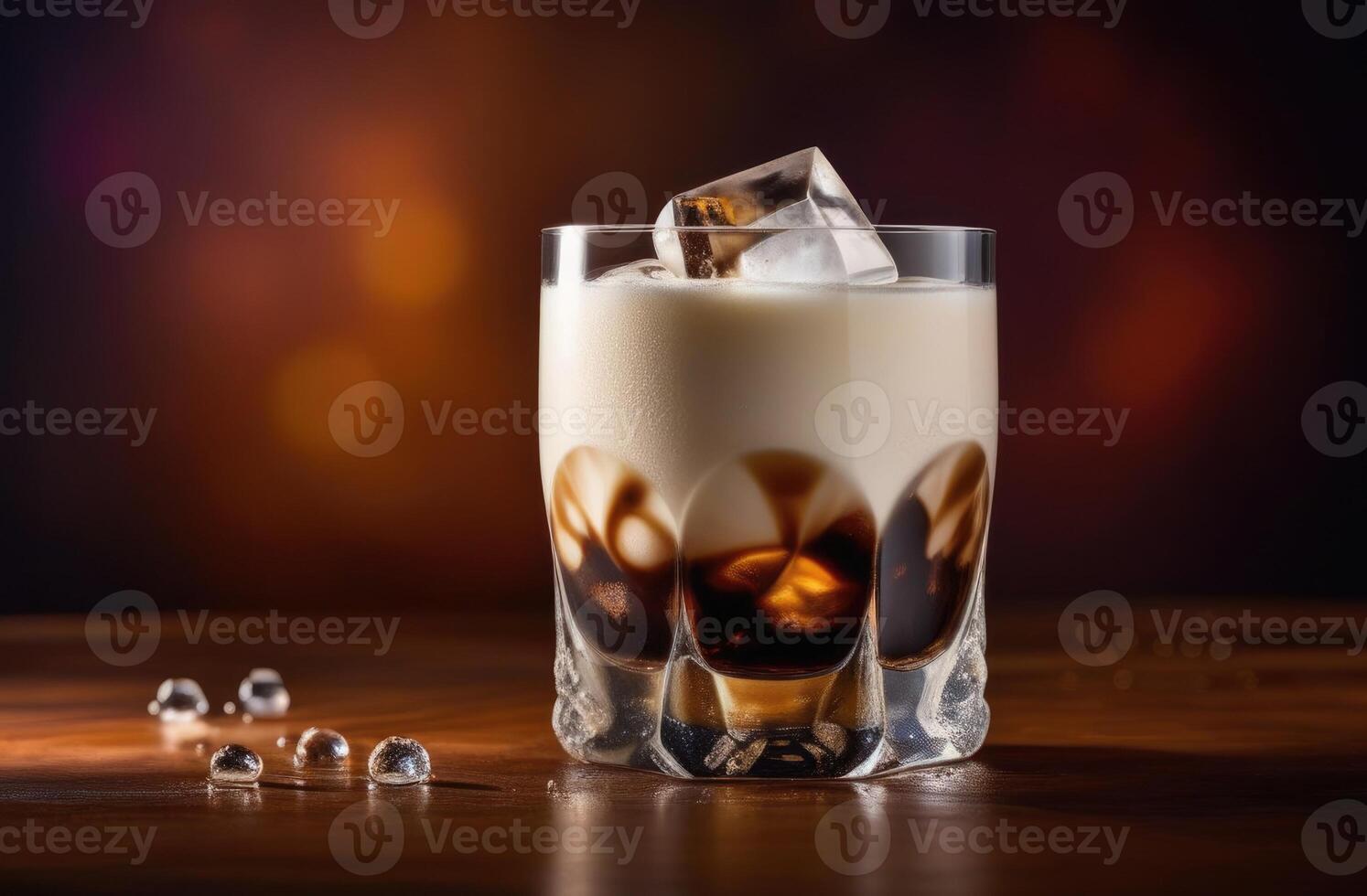 AI generated soft drink with ice, summer cocktail with coffee and cream, white Russian alcoholic cocktail, International Bartenders Day, dark background, wooden table photo