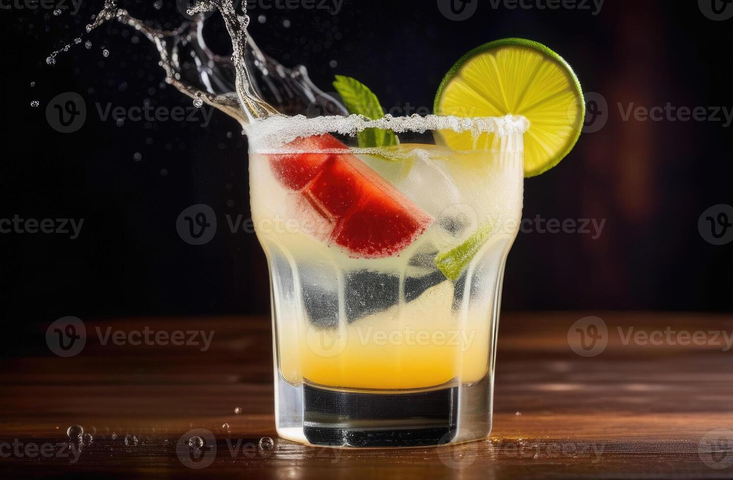 AI generated soft drink with ice, summer cocktail with citrus fruits and strawberries, alcoholic margarita cocktail, International Bartenders Day photo