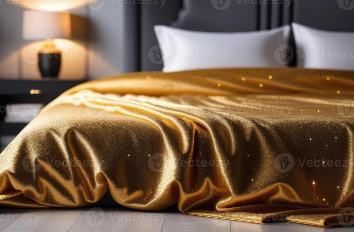 AI generated World Sleep Day, modern bedroom interior, cozy atmosphere, silk bed linen, golden shades, luxury hotel, shiny bedspread on a double bed photo