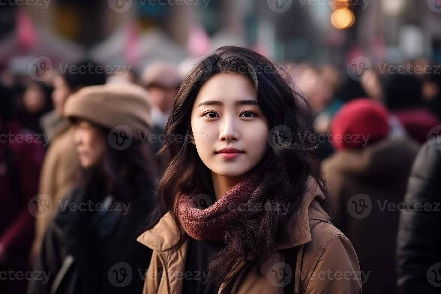 AI generated young beautiful chinese woman in the city street. photo