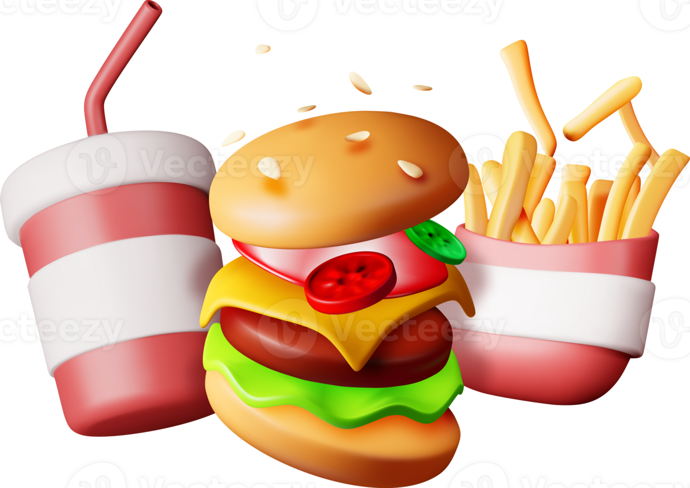 3D Cup of Cola with Fries and Cheeseburger png