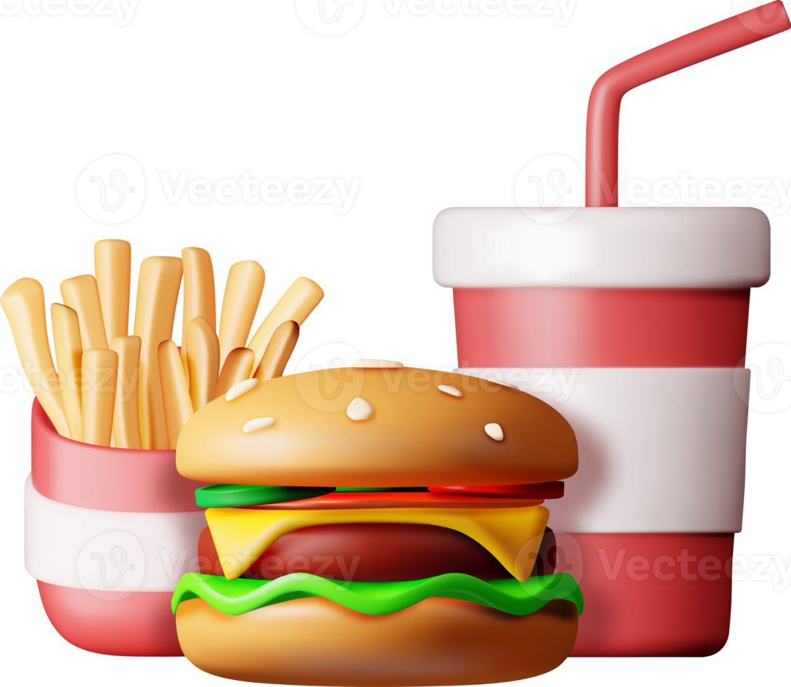 3D Cup of Cola with Fries and Cheeseburger png