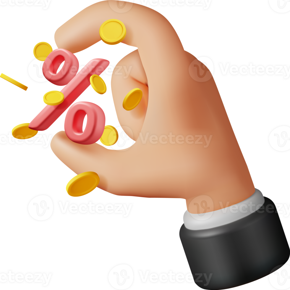 3D Realistic Percent Sign Icon with Coins in Hand png