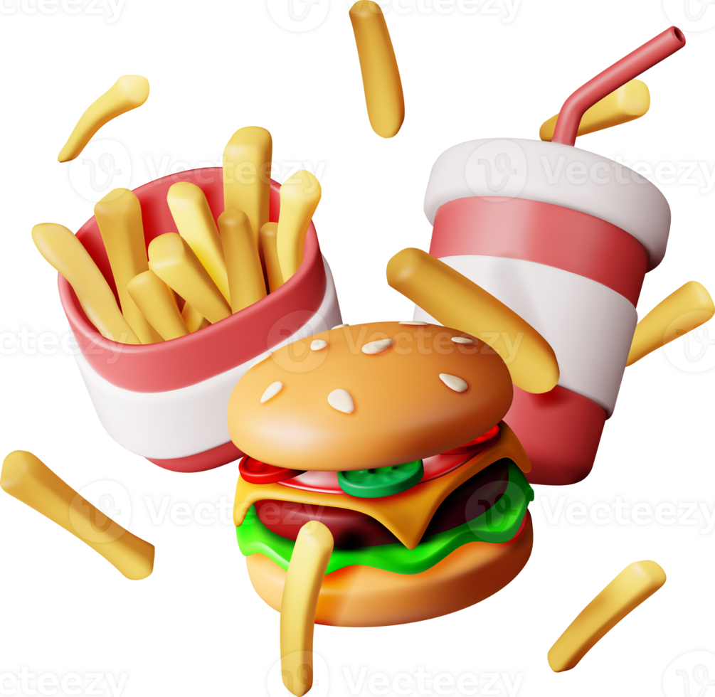 3D Cup of Cola with Fries and Cheeseburger png
