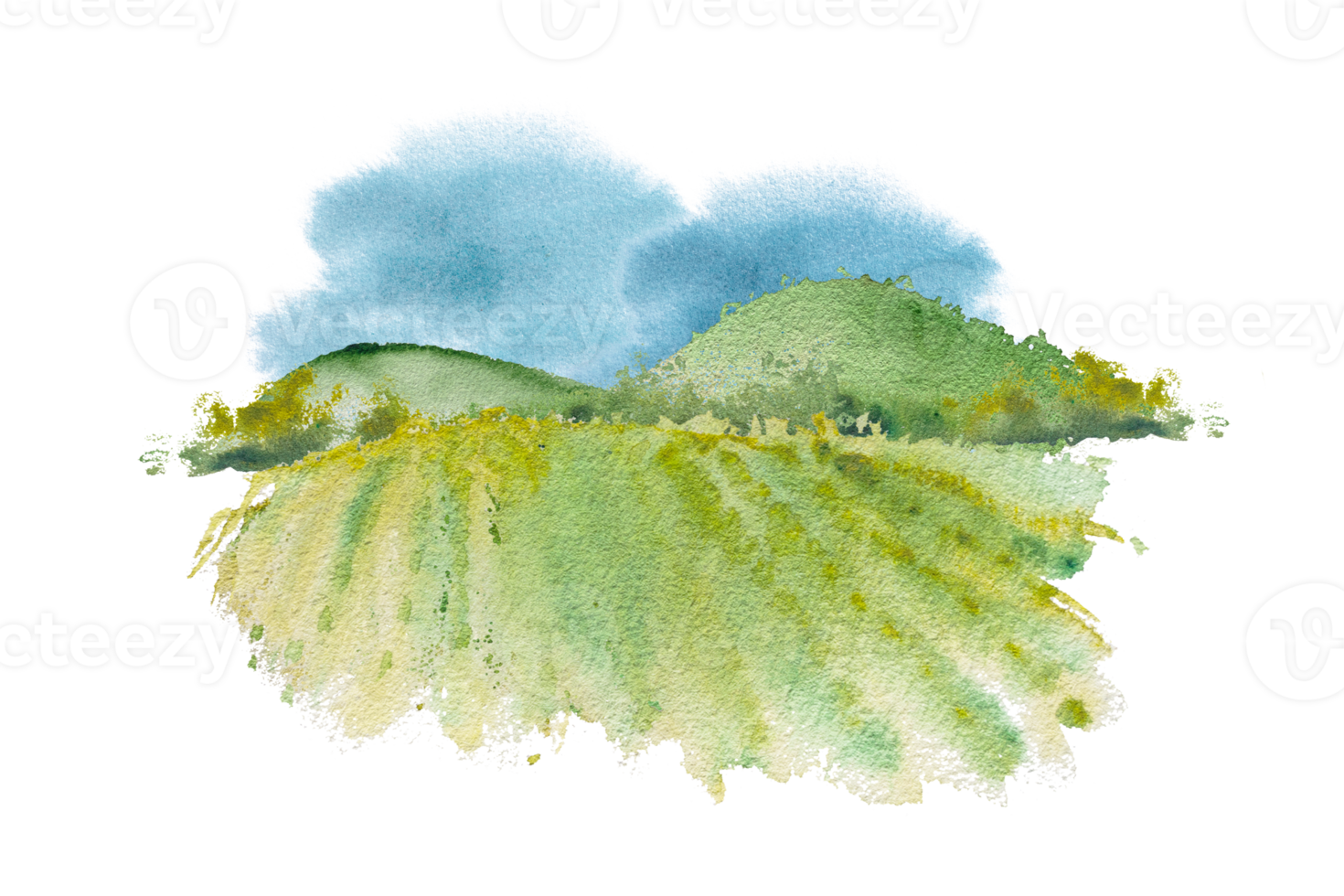 Landscape with green field, mountains, trees. Watercolor illustration for background, poster design png