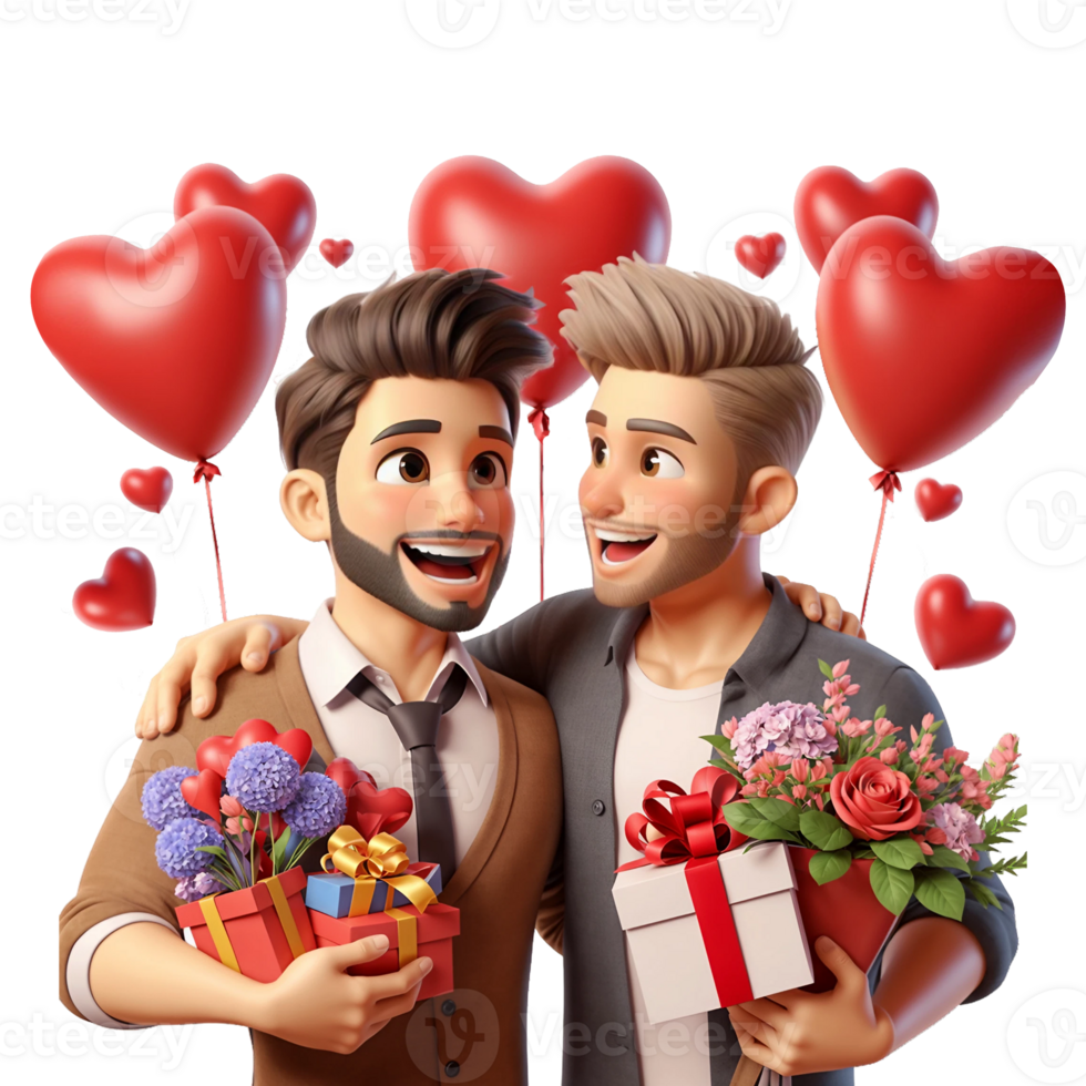 AI generated Homosexual couple of man, happily giving each other gifts, for Valentine's Day on PNG background.