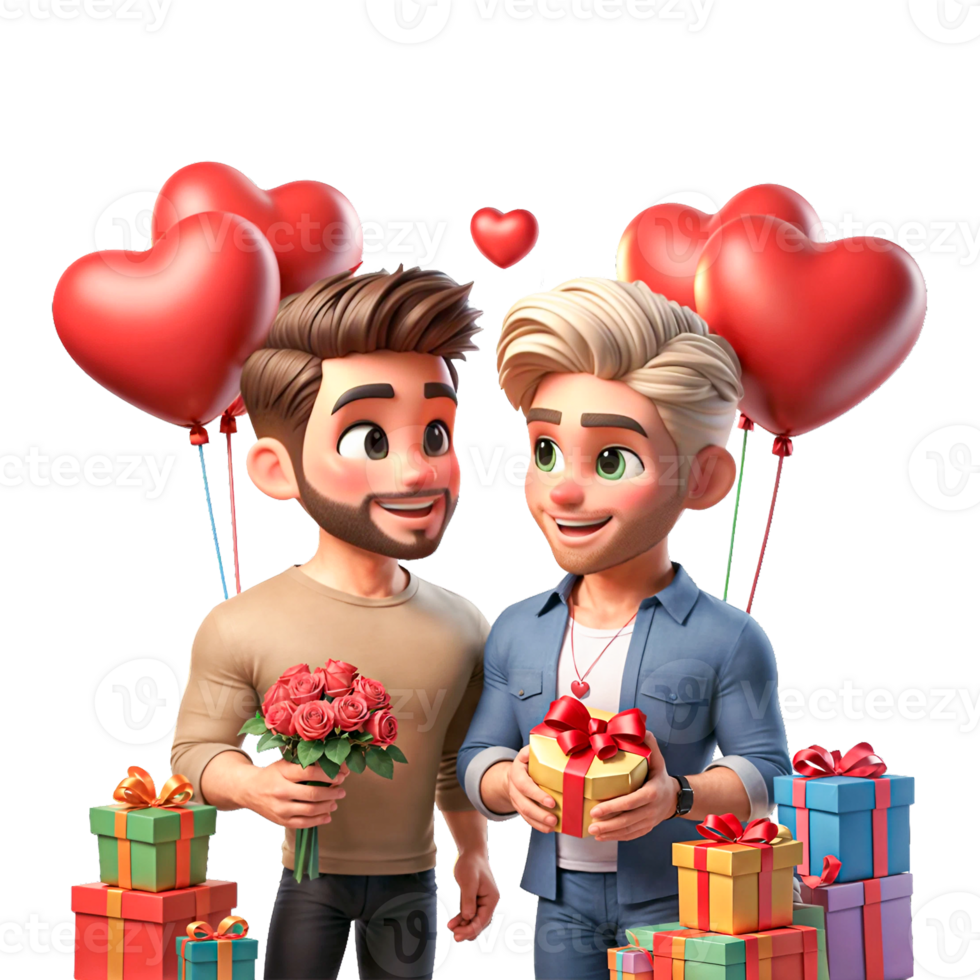 ai generado homosexual Pareja de hombre, felizmente dando cada otro regalos, para San Valentín día en png antecedentes.