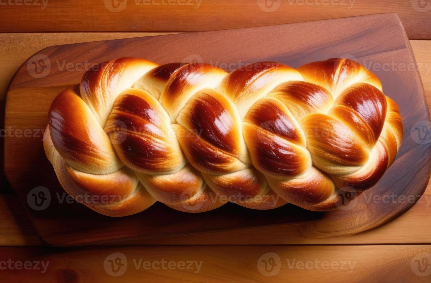 AI generated Purim, homemade Braided challah bun, Purim pastries, national Jewish cuisine, Traditional Jewish dish, Traditional Shabbat challah, top view photo