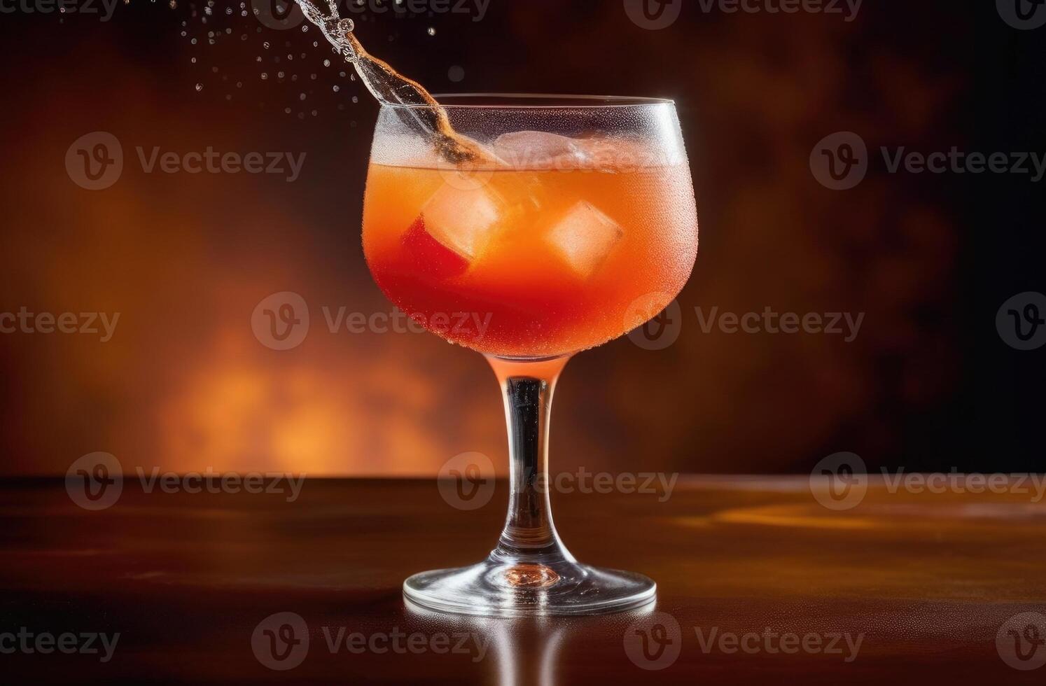 AI generated Bellini alcoholic cocktail, summer cocktail with peach puree, soft drink with ice, International Bartenders Day, dark background, wooden table photo