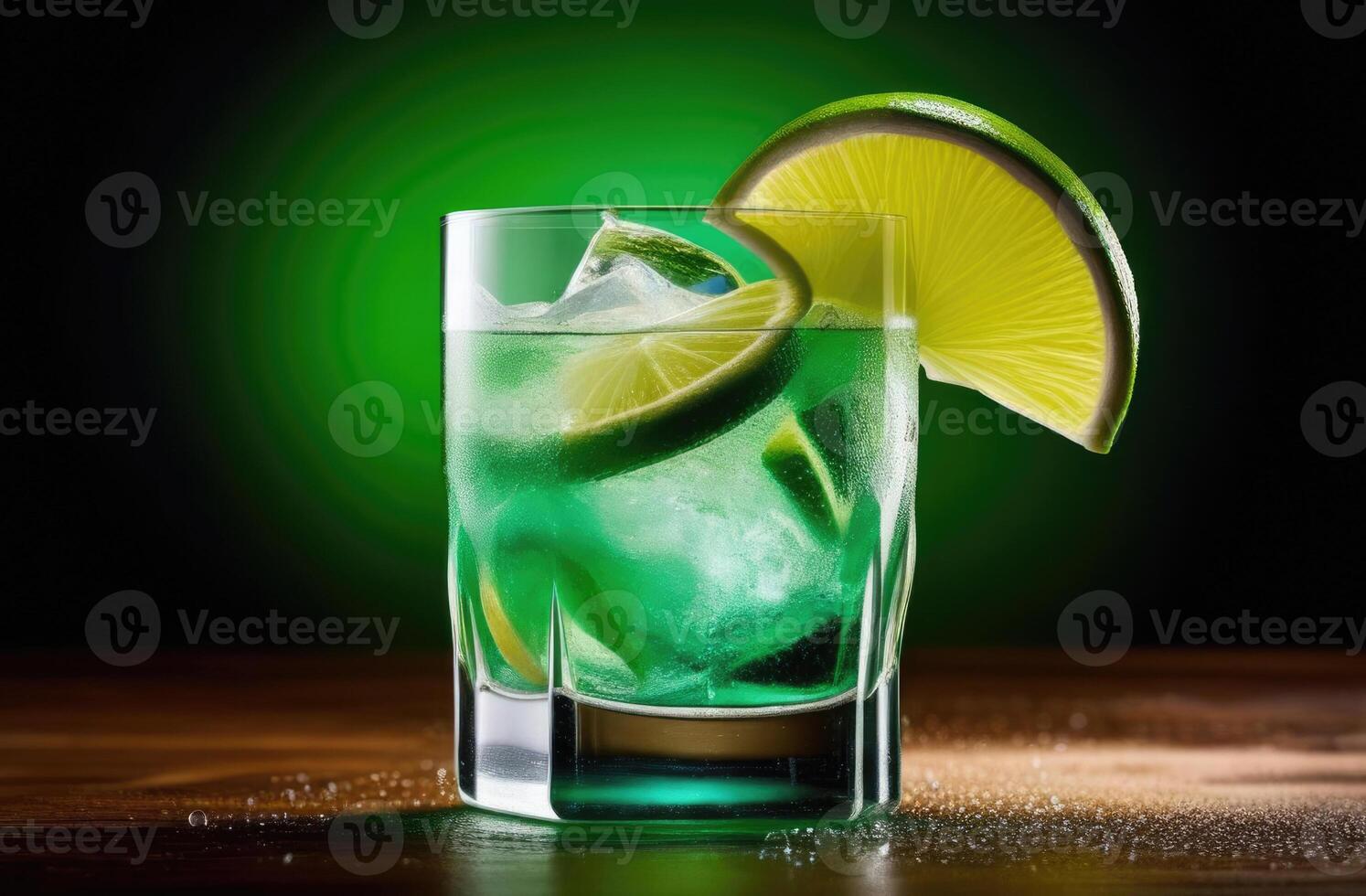 AI generated summer cocktail with lime, sprite vodka alcoholic cocktail, soft drink with ice, International Bartenders Day, water drops, wooden table, green background photo