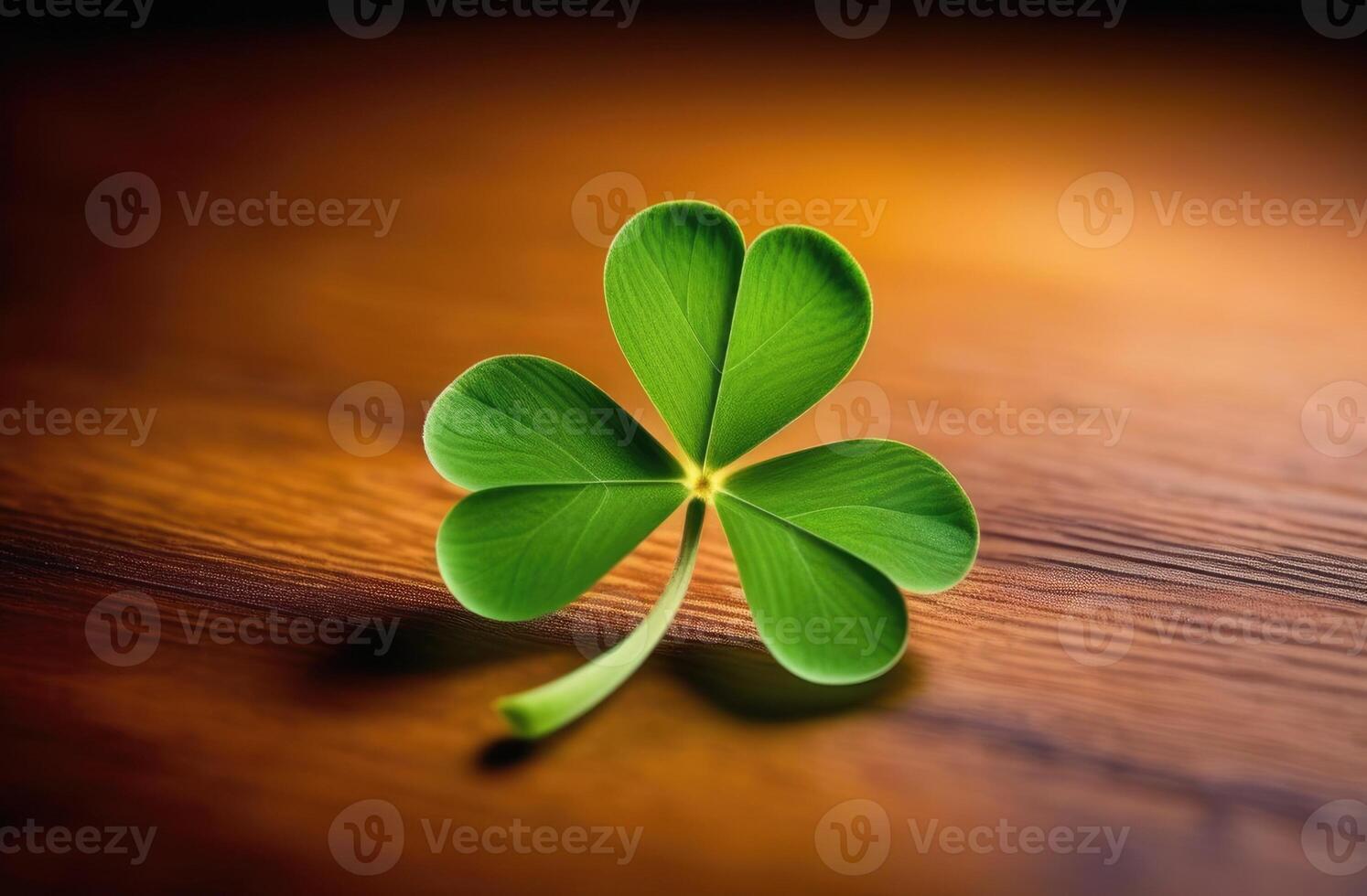 AI generated St. Patrick's Day, Shamrock, clover petal on a wooden background, three-leaf clover photo