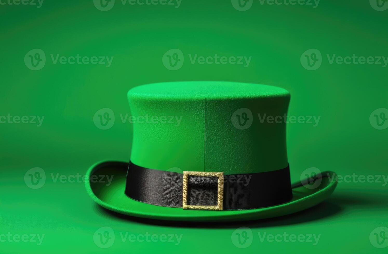 AI generated St. Patrick's Day, green holiday hat, leprechaun hat, clover leaves, Irish shamrock, magic and luck, green background photo