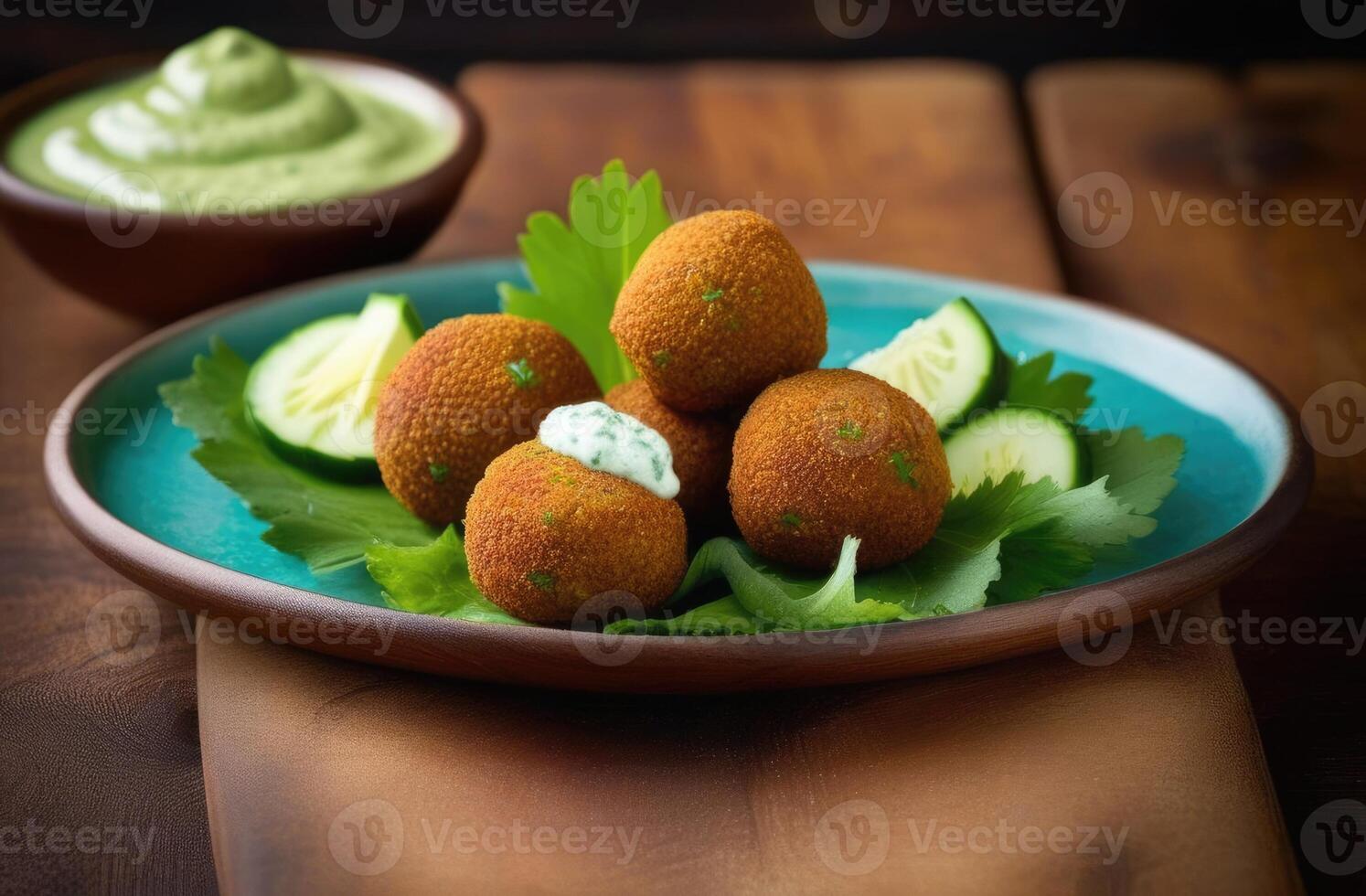 AI generated Purim, national Jewish cuisine, traditional Jewish dish, fried chickpea patties, Falafel and Cucumber Sauce, herbs, saucer with sauce and lemon, lemon juice, vegan cuisine photo