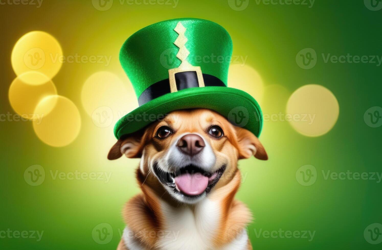 AI generated St. Patrick's Day, funny smiling dog, green holiday hat, dog in a green leprechaun hat, green background, golden bokeh effect photo